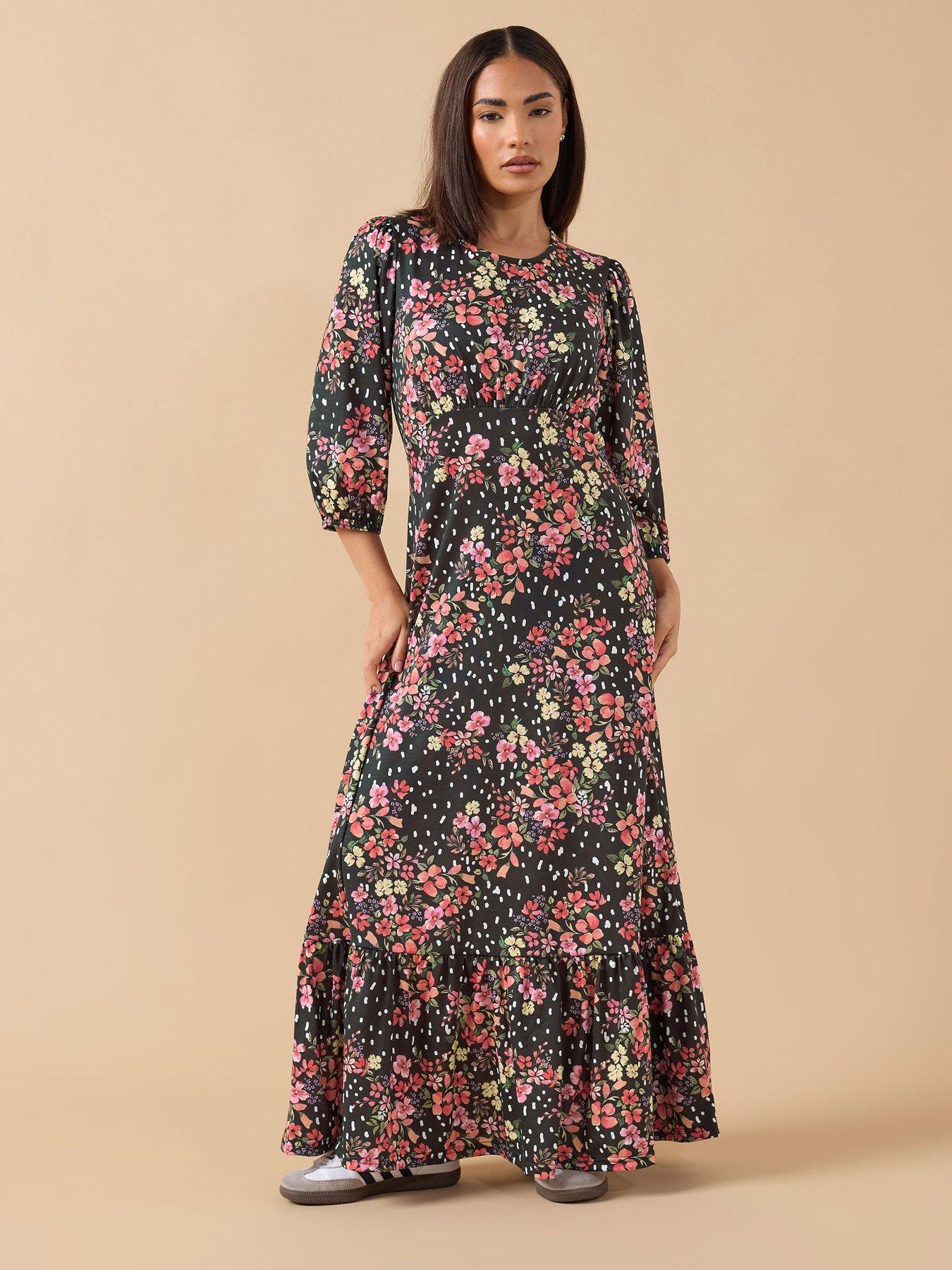 PixieGirl Petite Spot And Floral Maxi Dress - Black