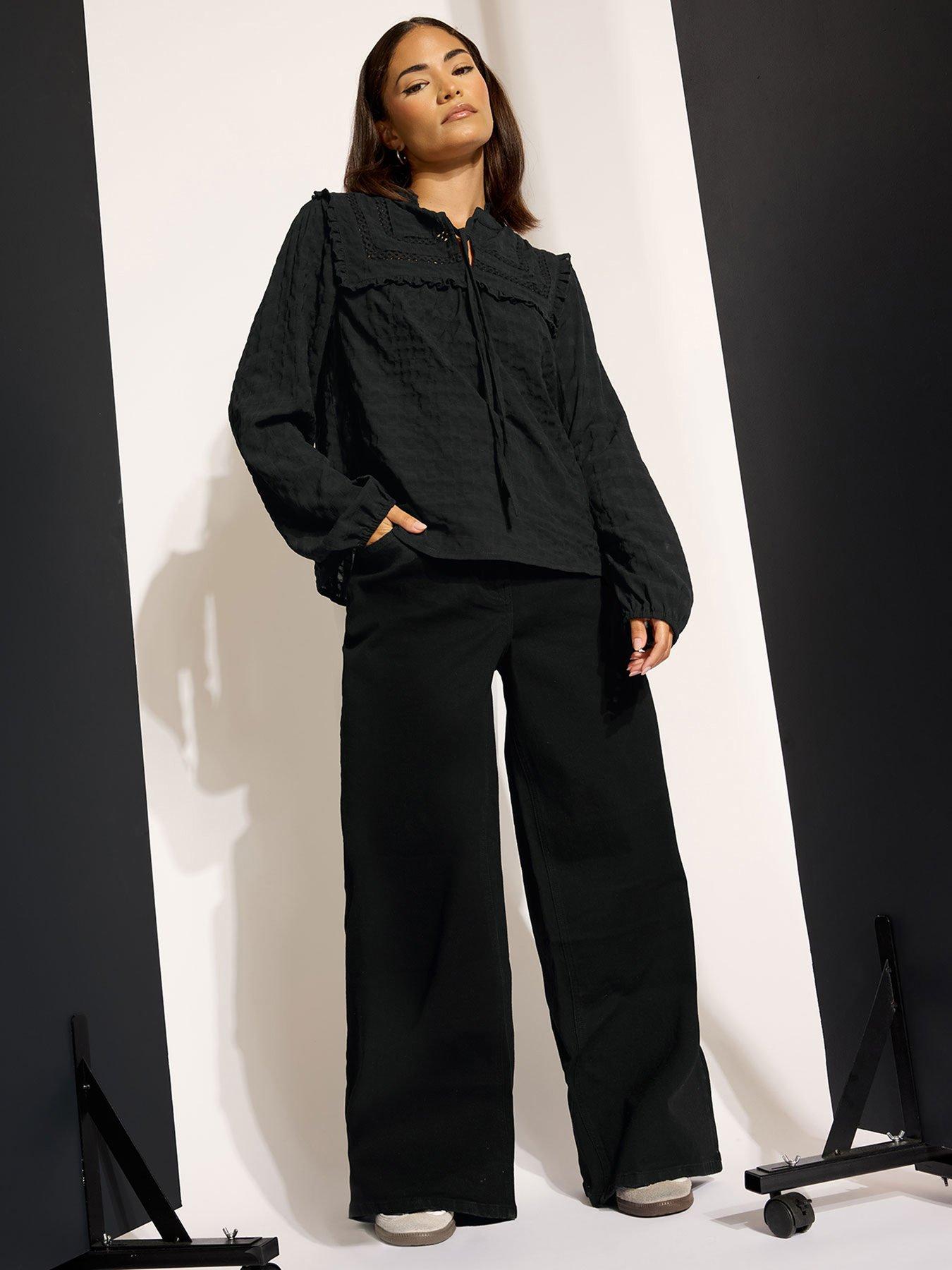 pixiegirl-petite-tie-neck-crinkle-crochet-top-black