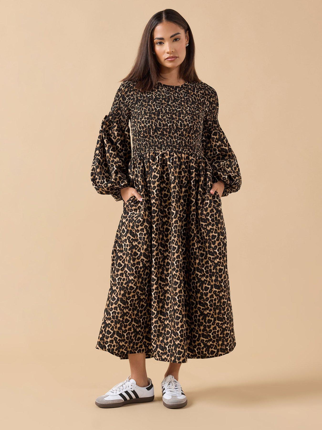 pixiegirl-petite-animal-puff-sleeve-shirred-maxi-dress-brown