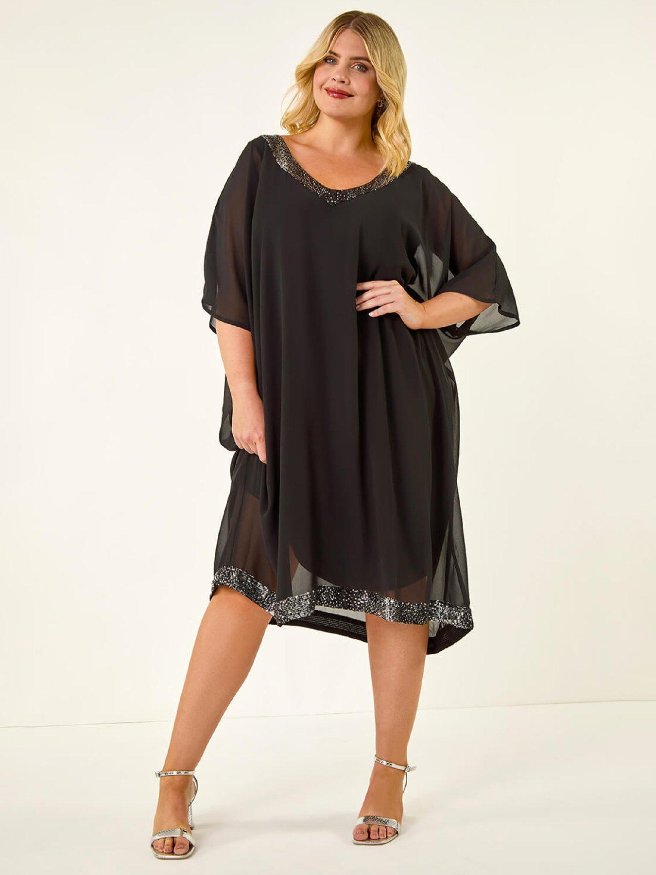 Roman Curve Sequin Chiffon Overlay Dress - Black
