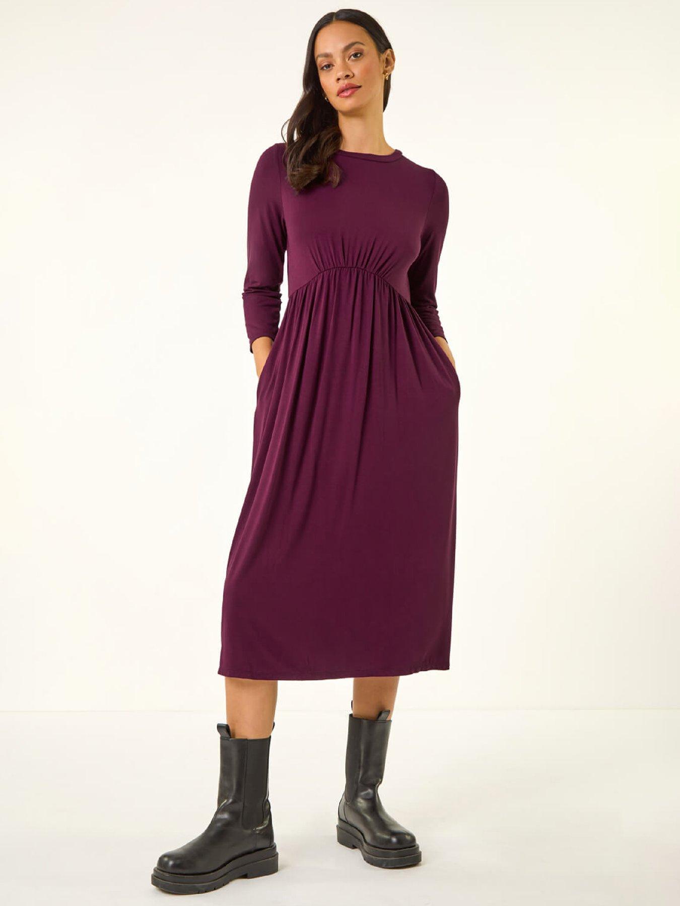 Roman Dusk Gathered Pocket Stretch Midi Dress - Wine