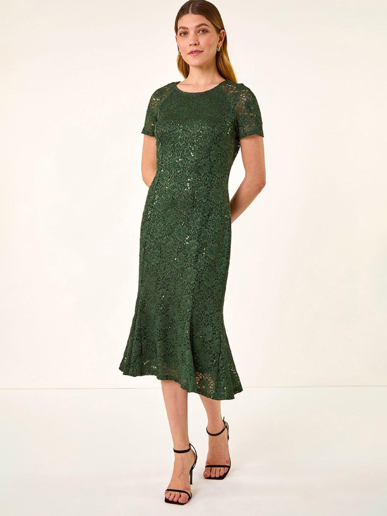 Roman Leaf Lace Sequin Midi Dress - Green
