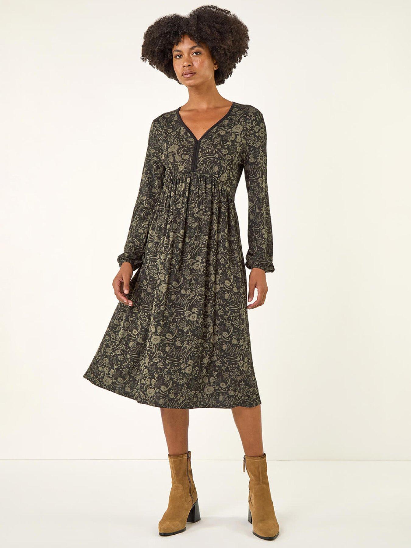 roman-floral-print-v-neck-stretch-midi-dress-khaki