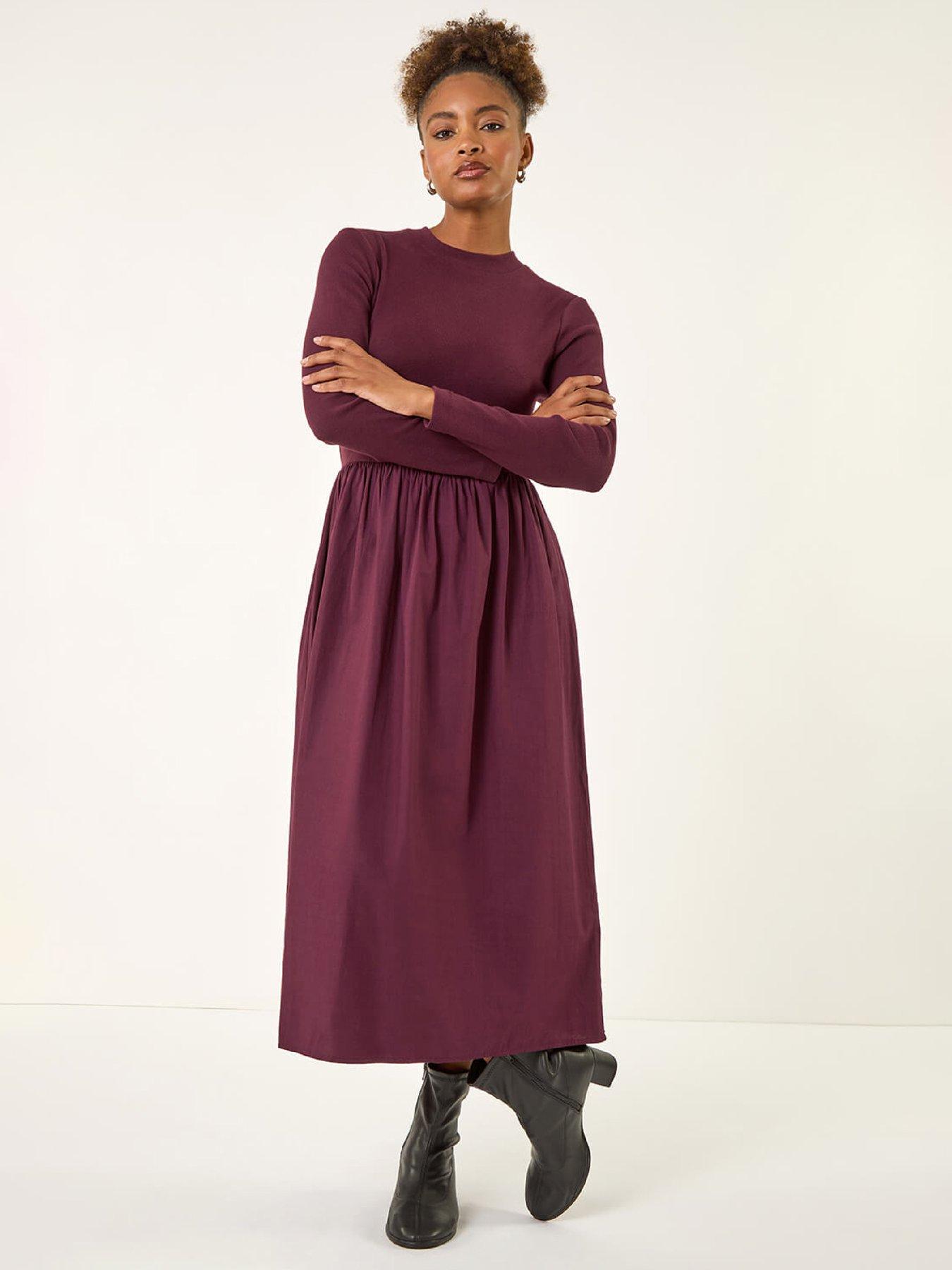 Roman Cotton Stretch Jersey Mix Midi Dress - Burgundy