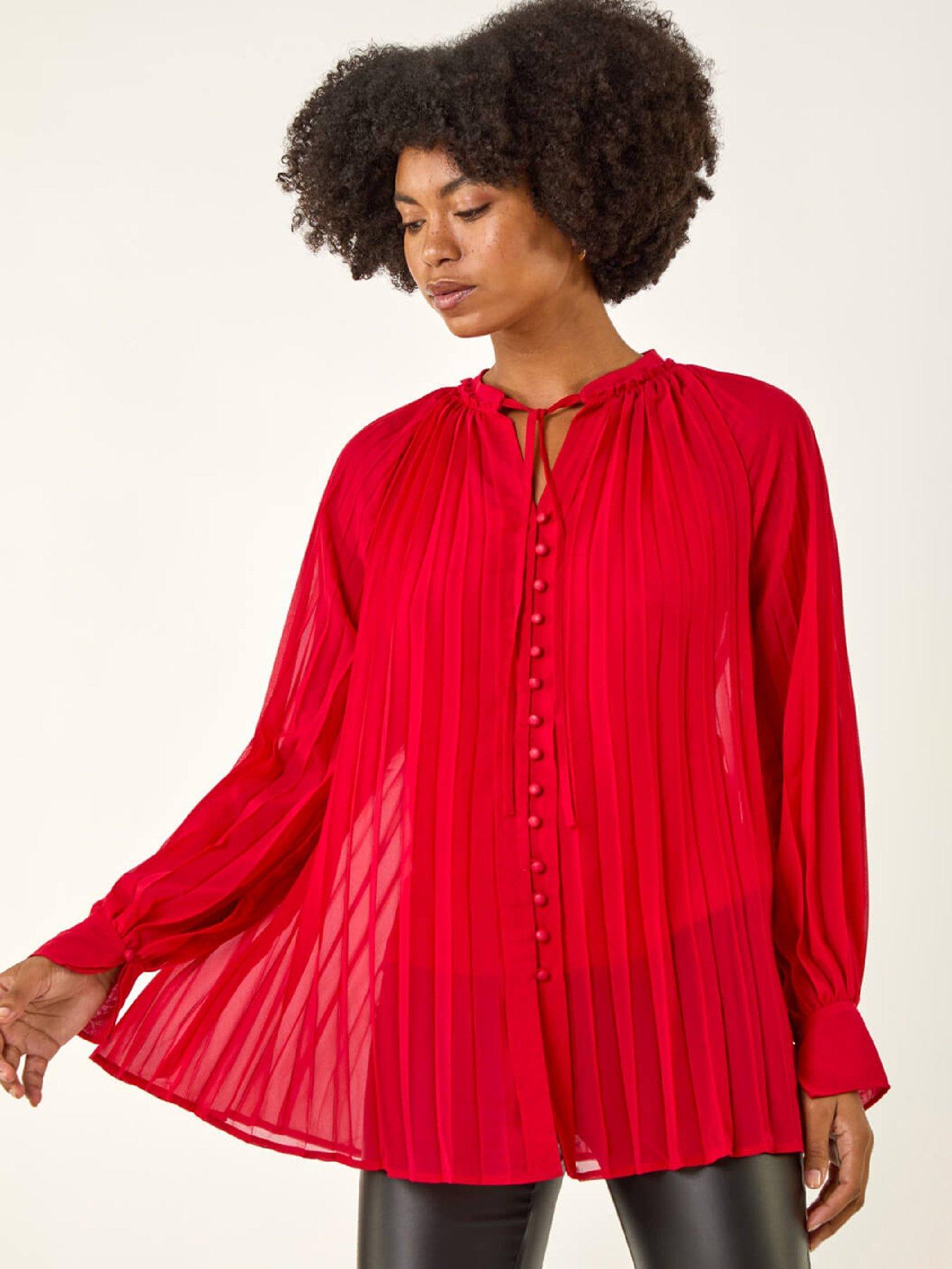 Roman Tie V-Neck Pleated Blouse - Red