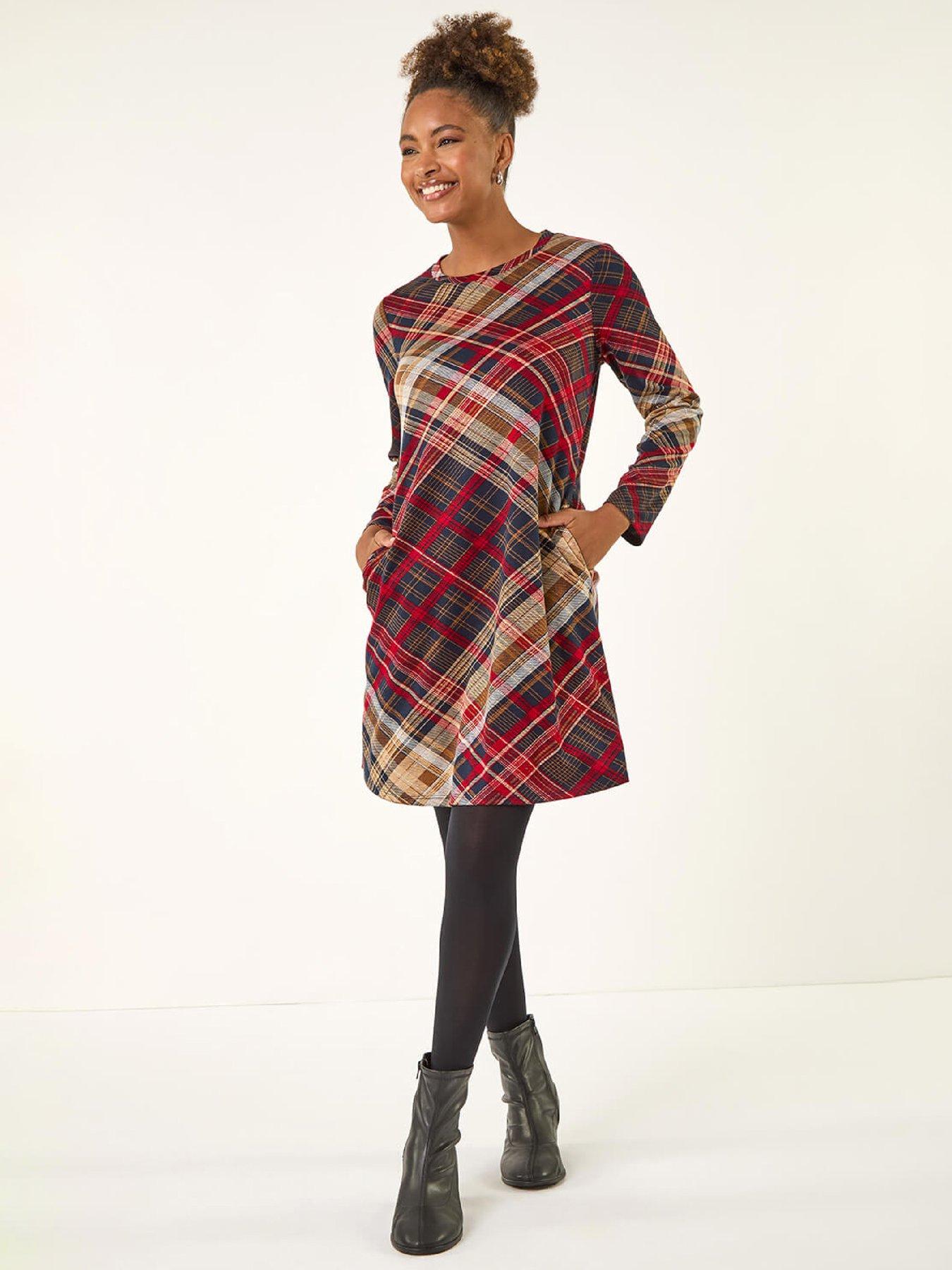 Image 1 of 5 of Roman Check Print Swing Pocket Dress - Red