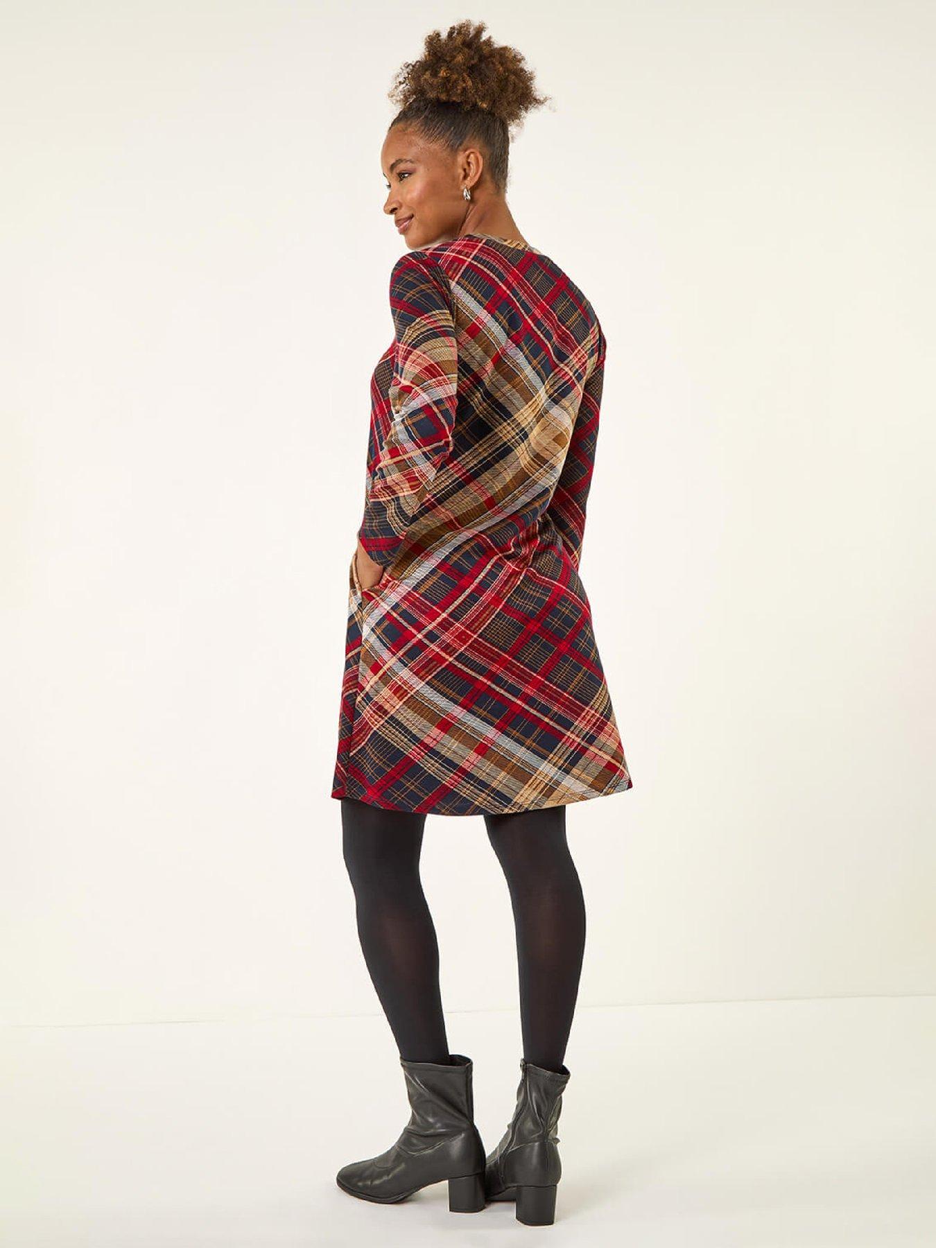 Image 2 of 5 of Roman Check Print Swing Pocket Dress - Red