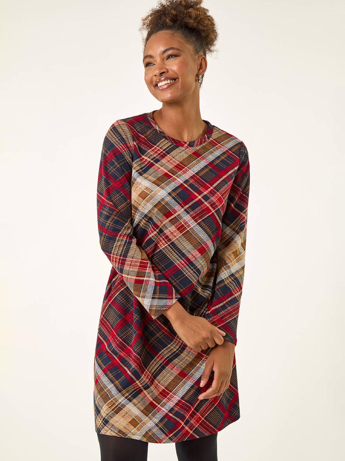 Image 3 of 5 of Roman Check Print Swing Pocket Dress - Red