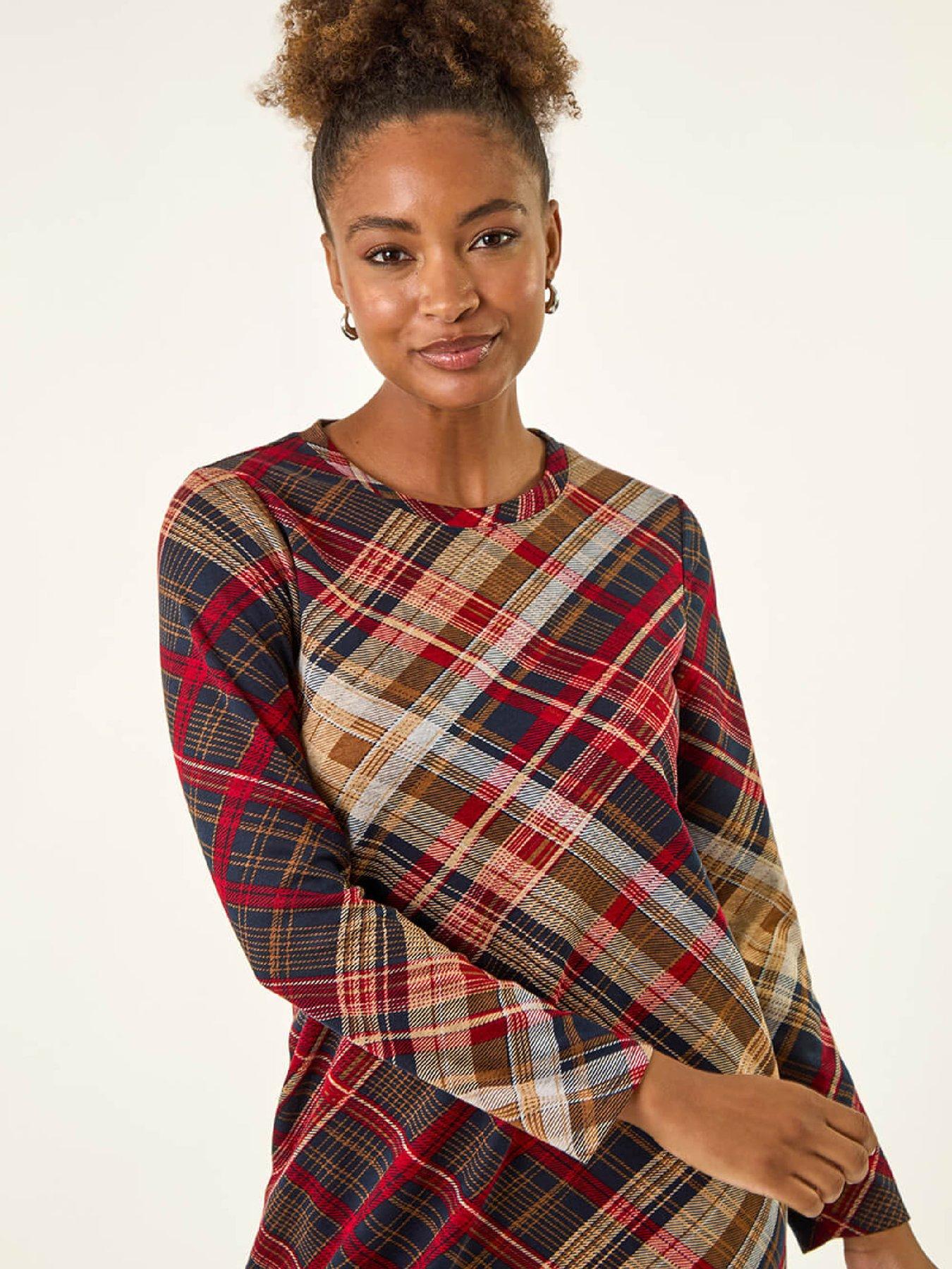 Image 4 of 5 of Roman Check Print Swing Pocket Dress - Red