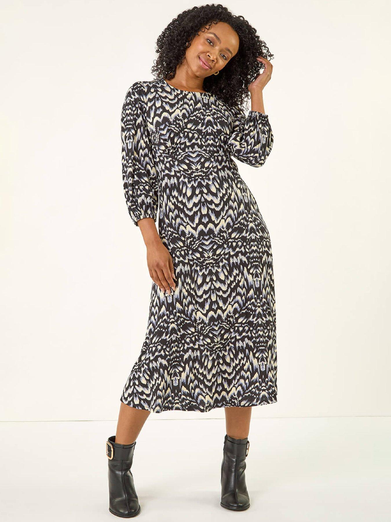 roman-petite-abstract-stretch-midi-dress-black