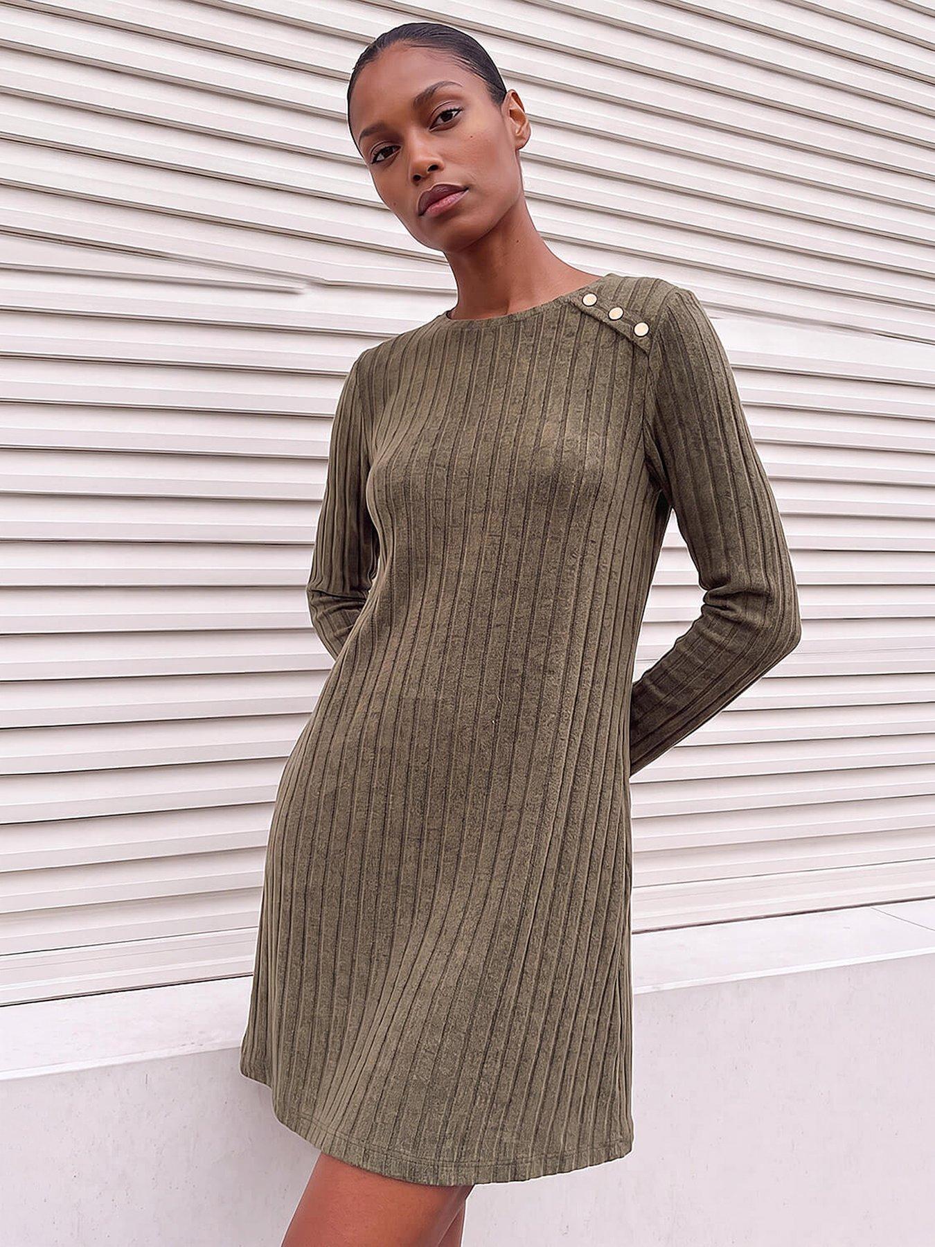 roman-textured-ribbed-swing-dress-khaki