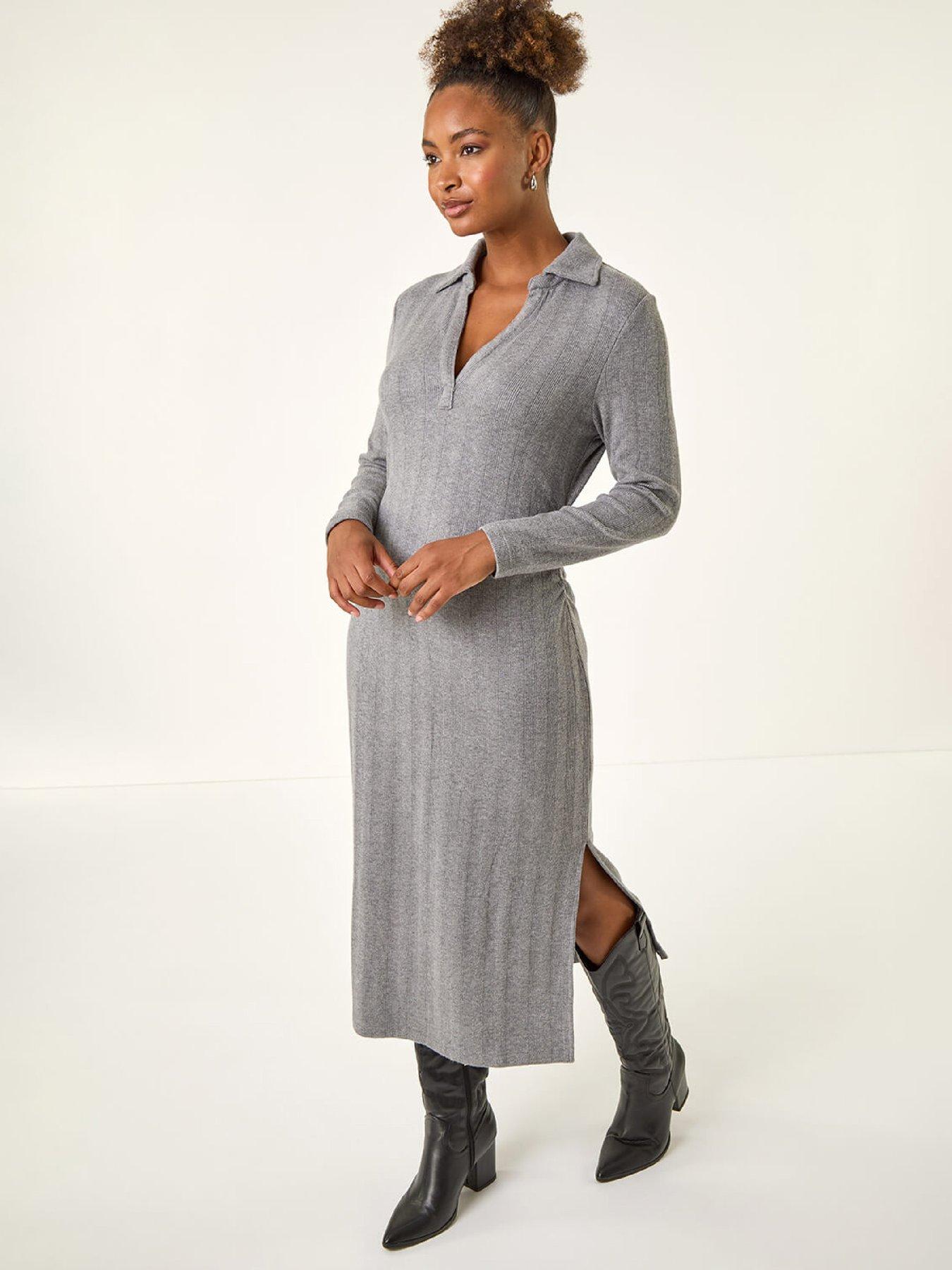Roman Collar Ribbed Knit Mid Dress - Grey