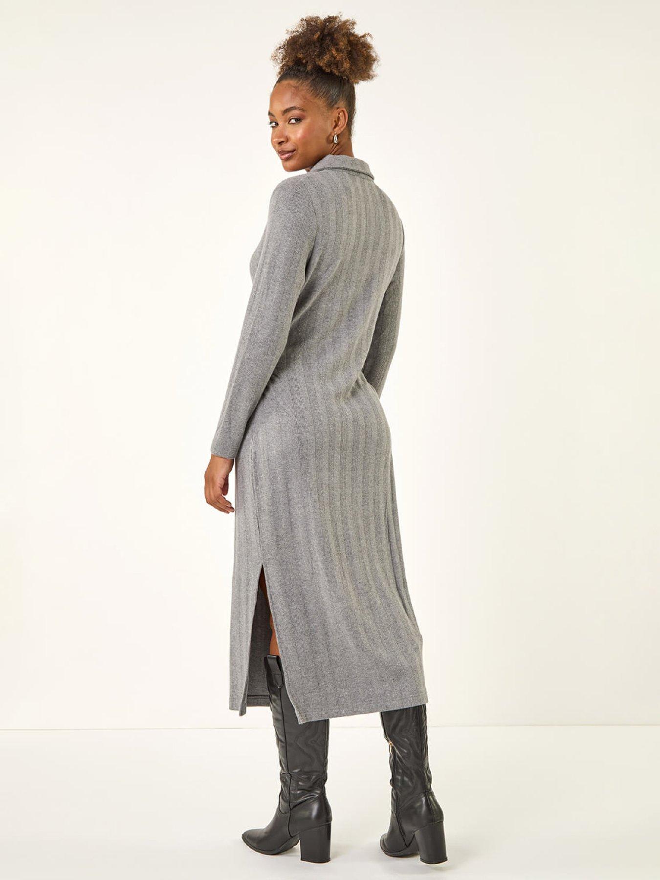 Roman Collar Ribbed Knit Mid Dress - Grey | Very Ireland