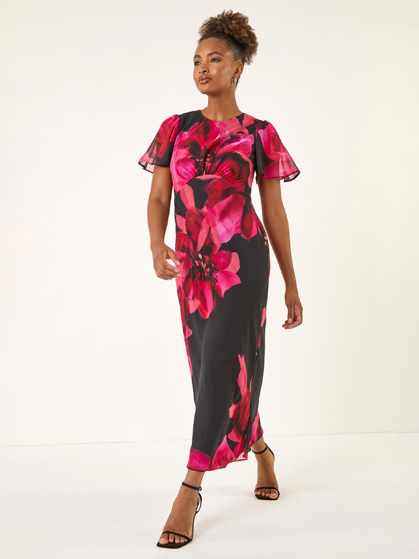 Roman Floral Print Flutter Sleeve Midi Dress - Black