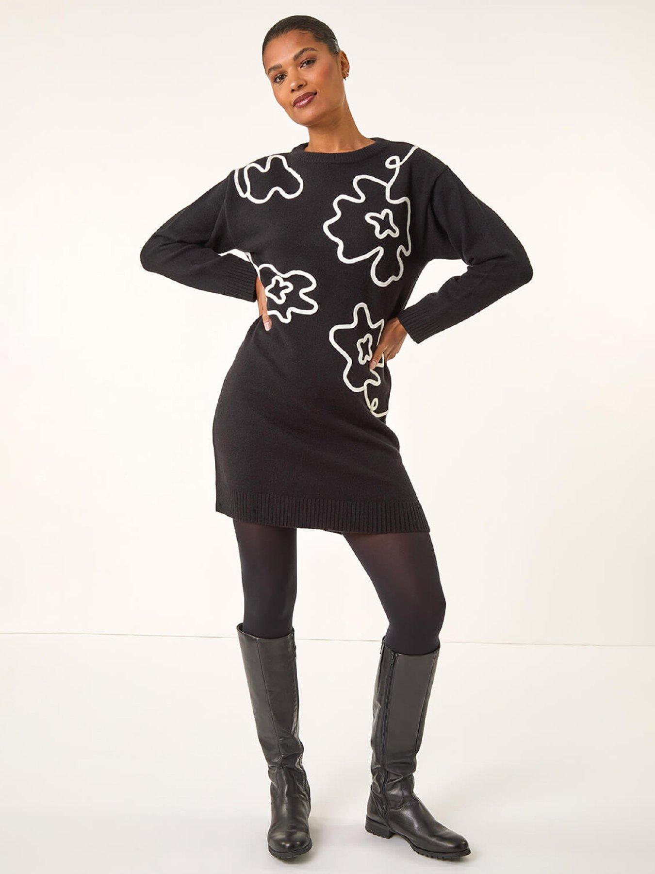 Roman Floral Motif Knit Dress - Black