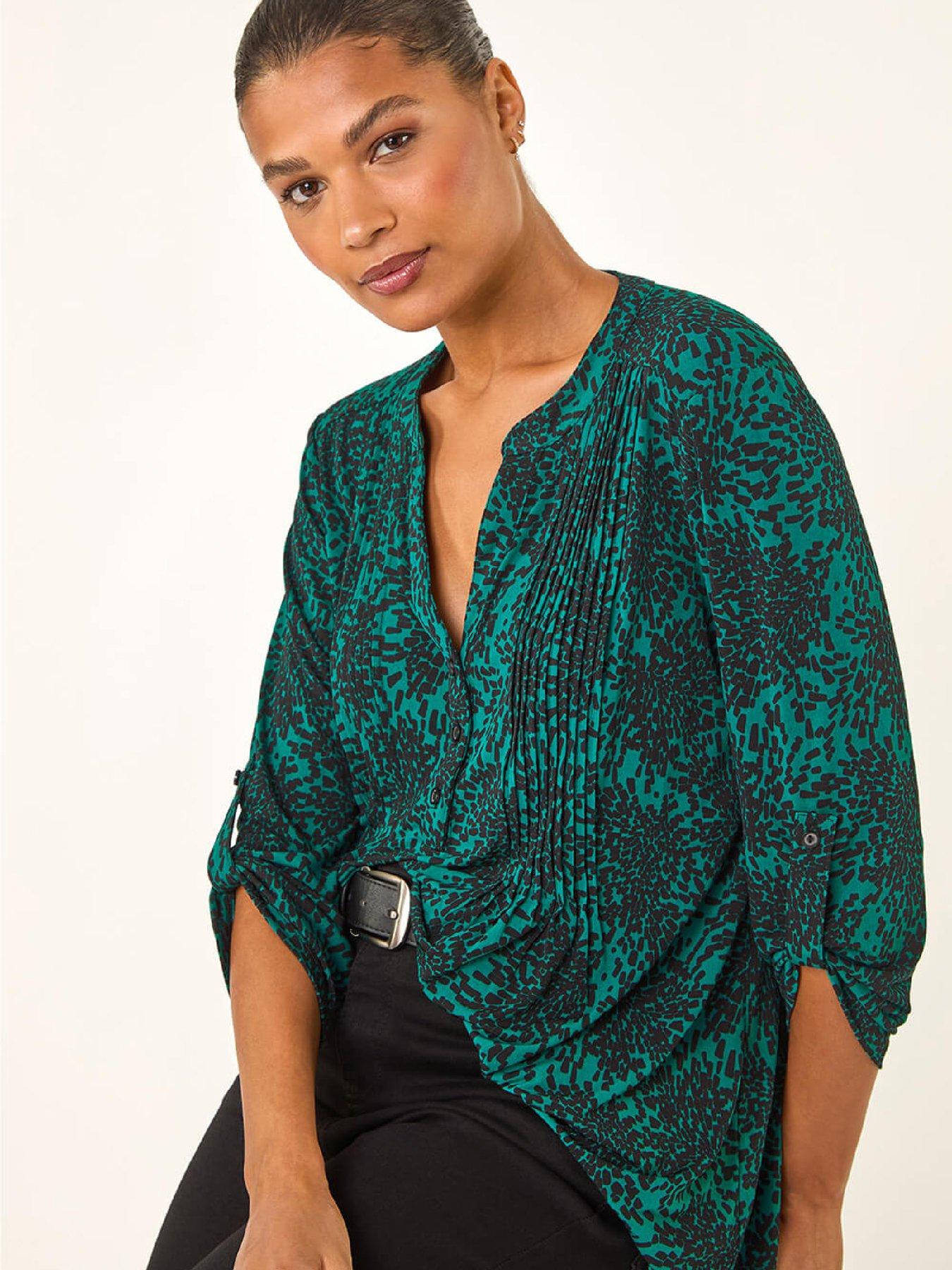roman-abstract-print-v-neck-stretch-top-tealoutfit