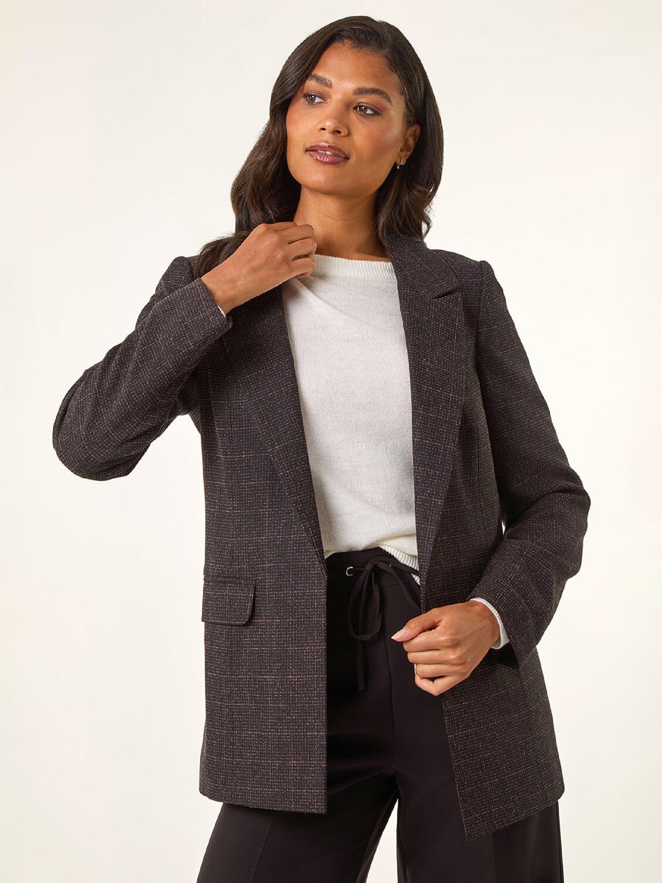 Image 1 of 5 of Roman Check Print Longline Blazer - Aubergine