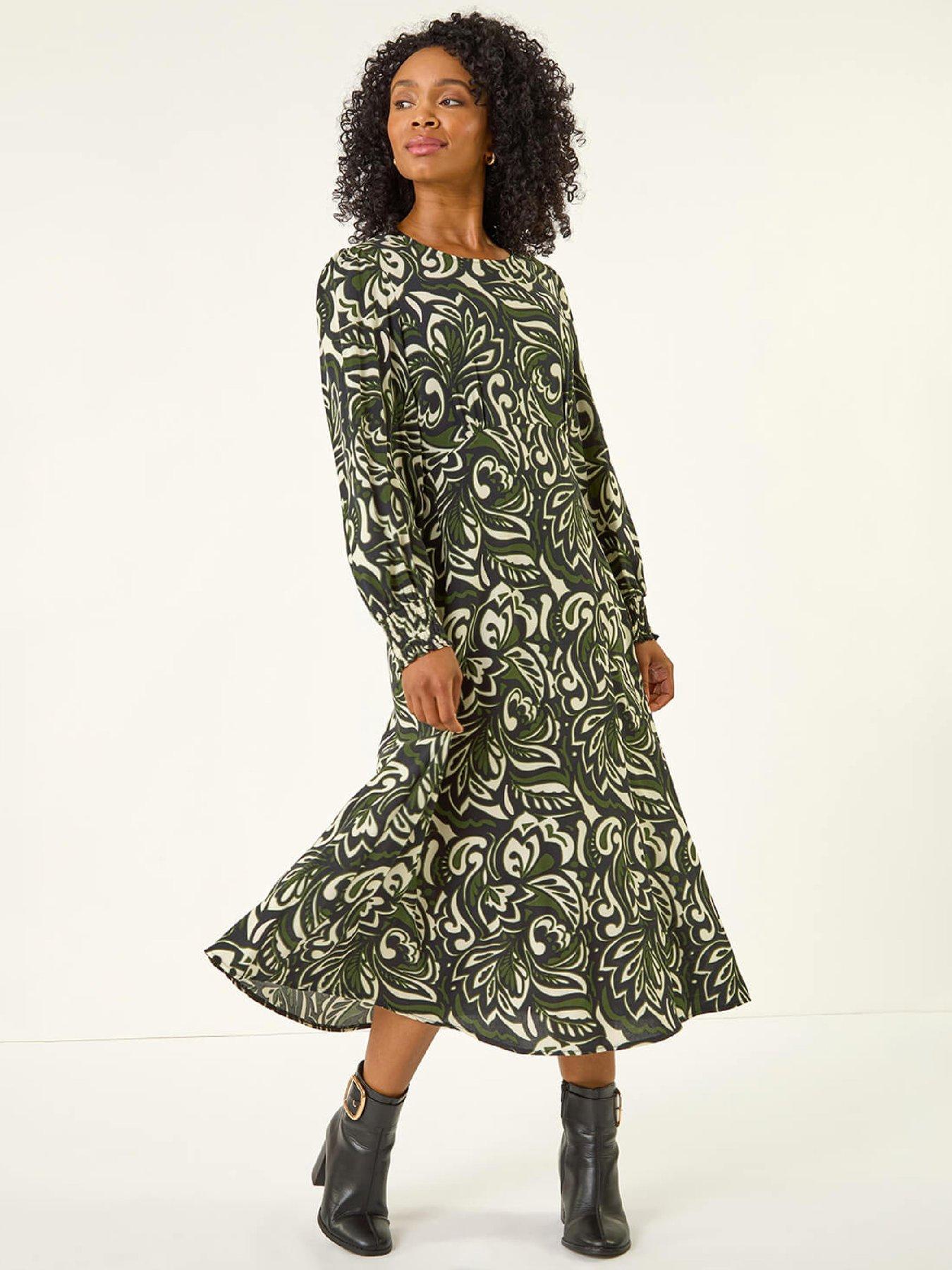 Roman Petite Printed Shirred Midi Dress - Black