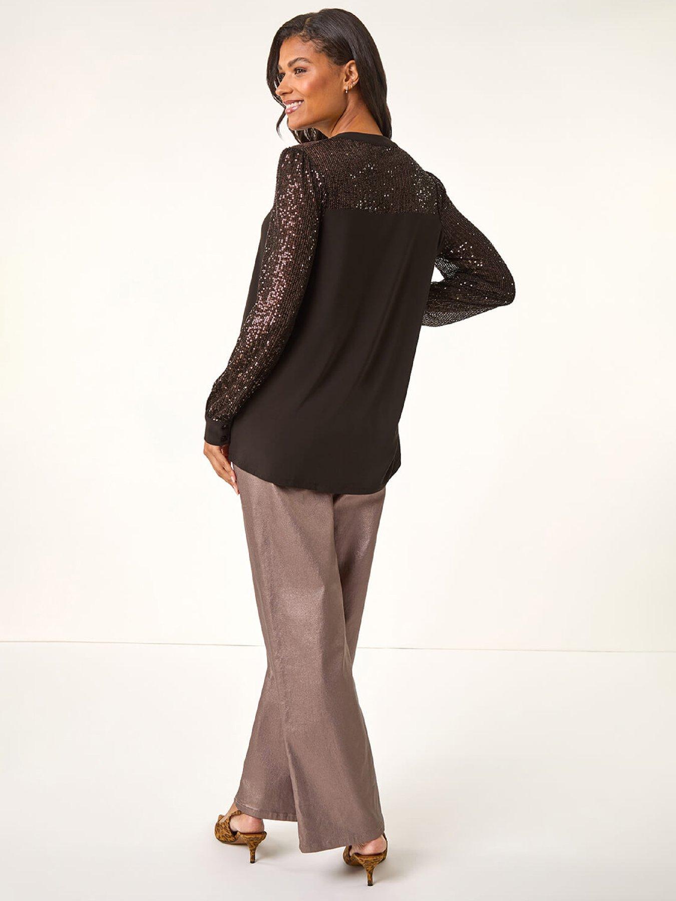 roman-embellished-sequin-stretch-blouse-chocolatestillFront