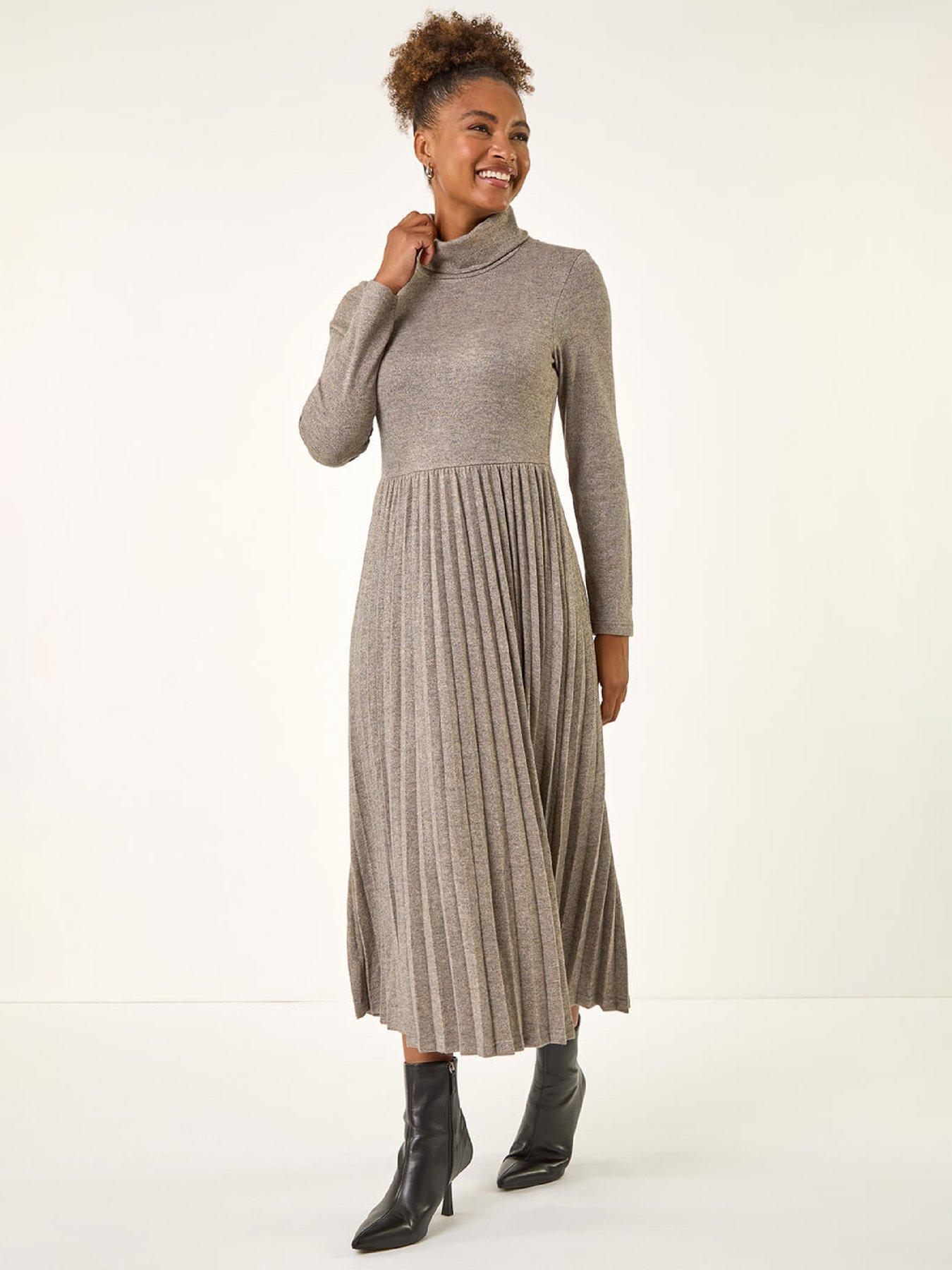 Roman High Neck Pleated Midi Dress - Grey