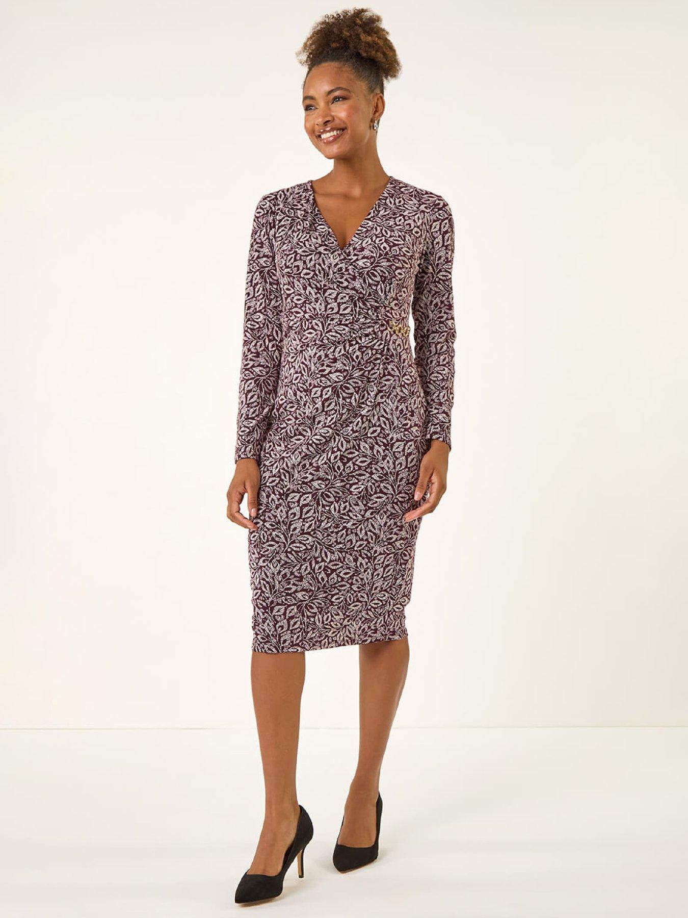 Roman Leaf Print Chain Detail Midi Dress - Burgundy