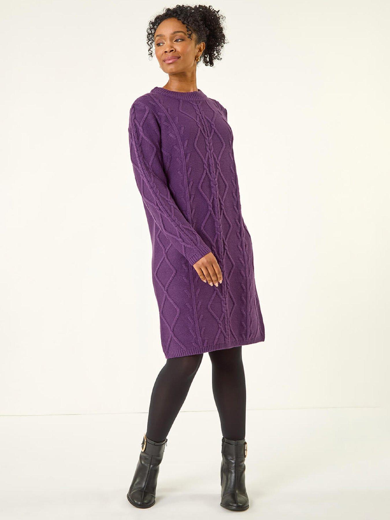 Roman Petite Cable Knit Jumper Dress - Purple