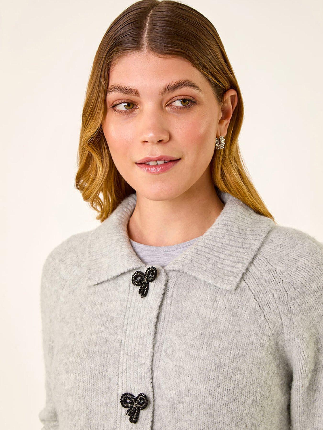 Image 4 of 5 of Roman Bow Buttoned Collared Cardigan - Grey