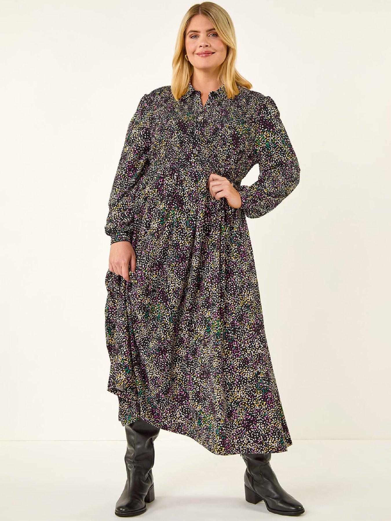 roman-curve-abstract-print-shirred-midi-dress-purple