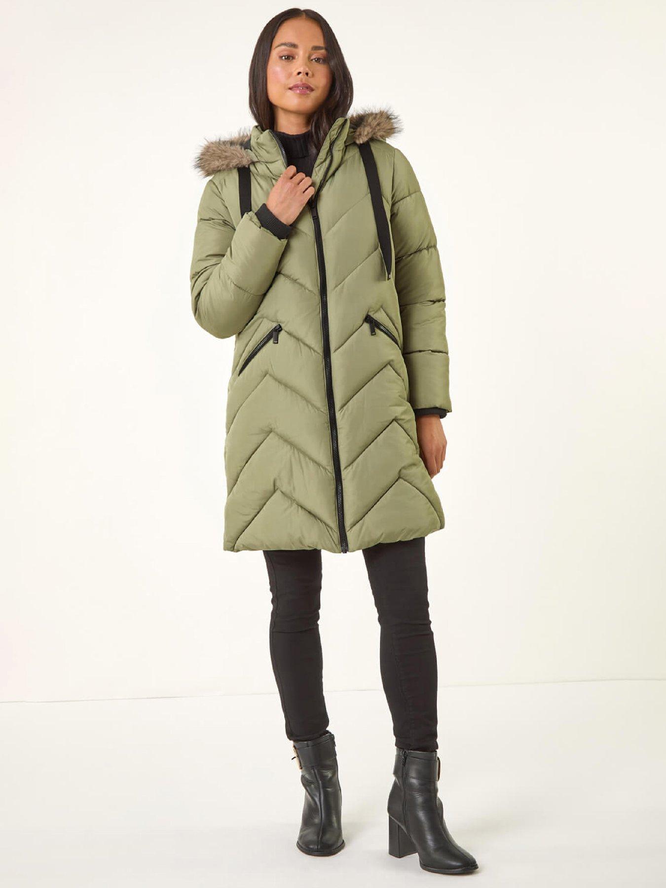 Roman Petite Contrast Zip Puffer Coat - Khaki