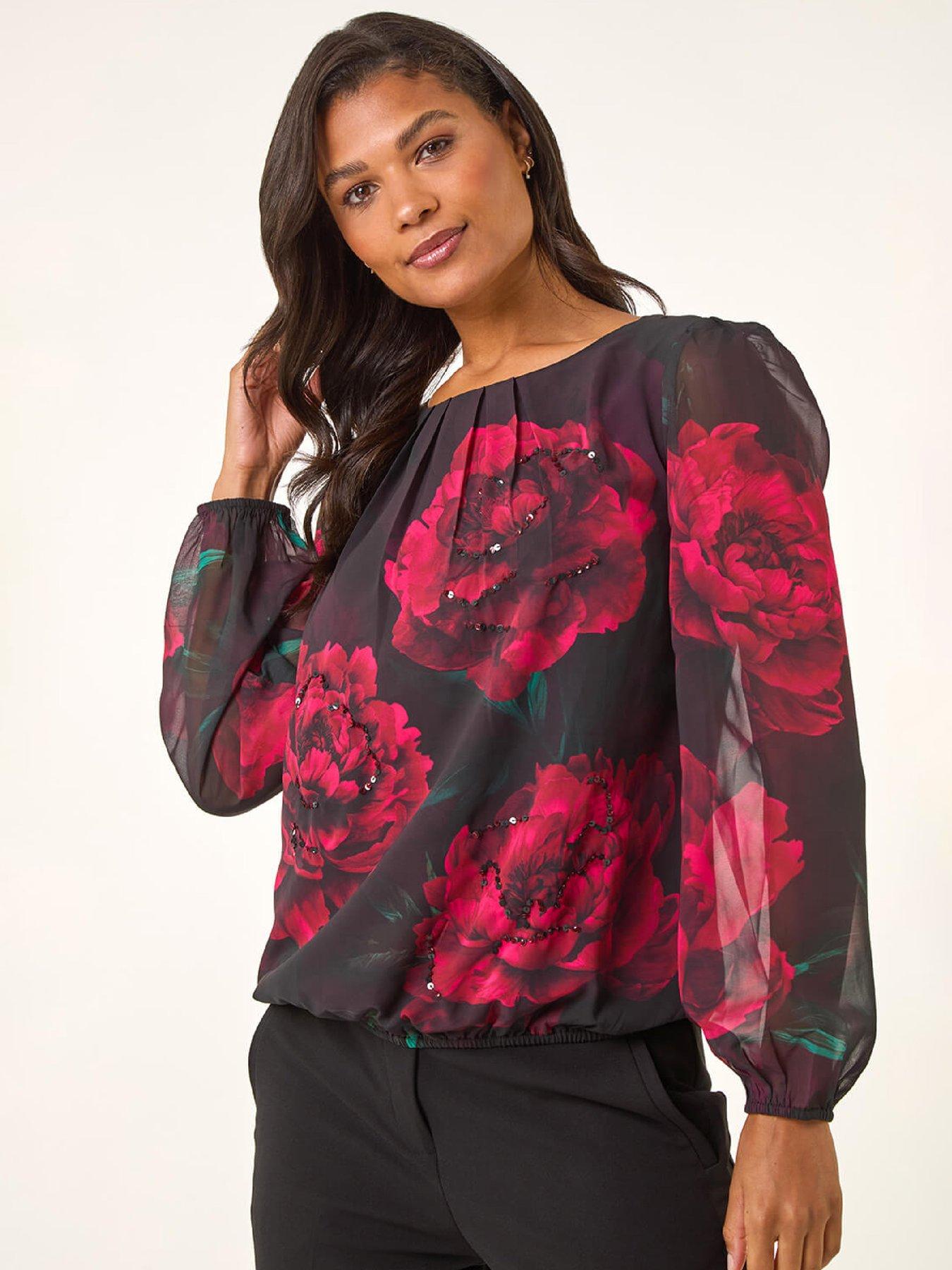 Roman Floral Print Sequin Top - Red