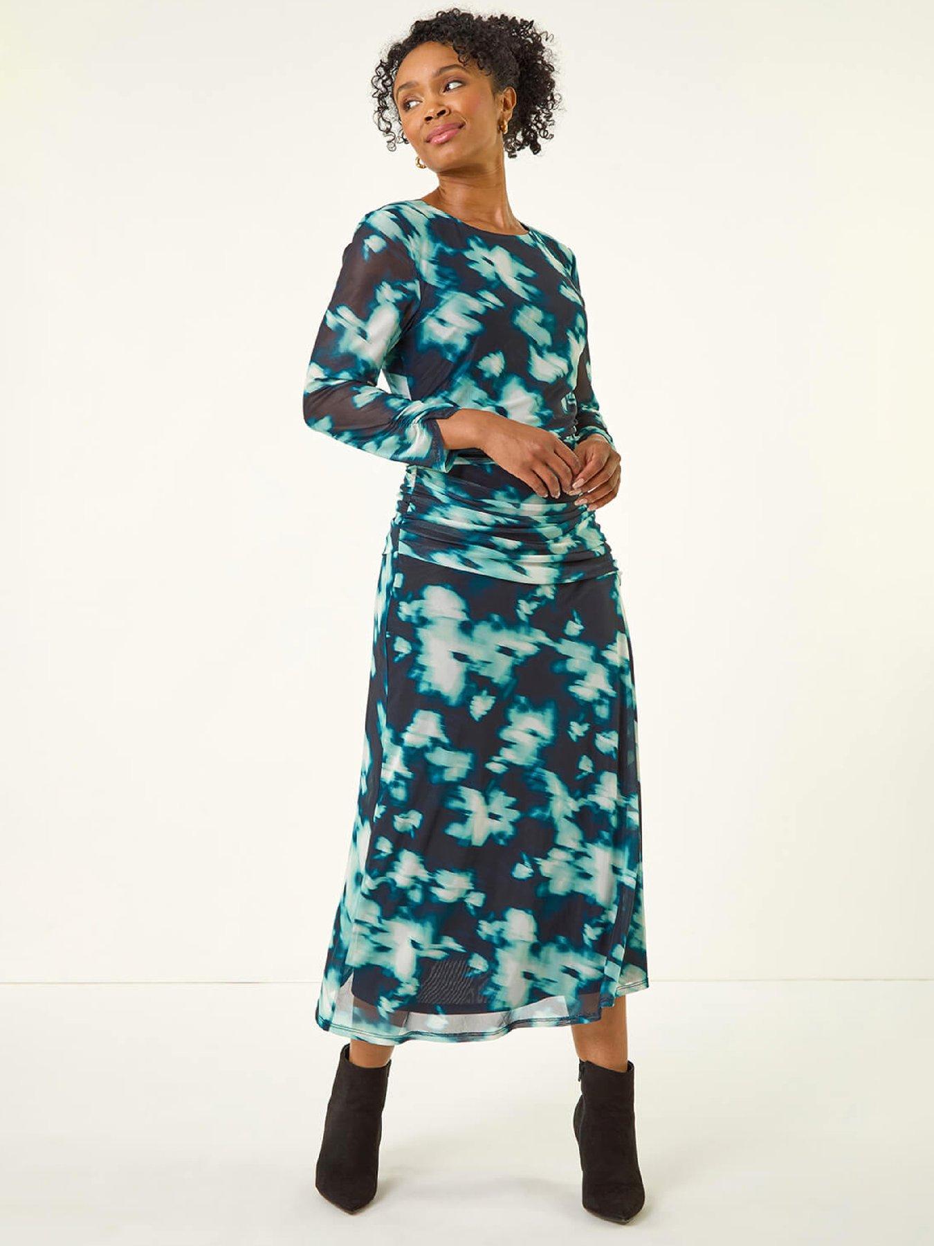 roman-petite-print-mesh-ruched-midi-dress-tealfront