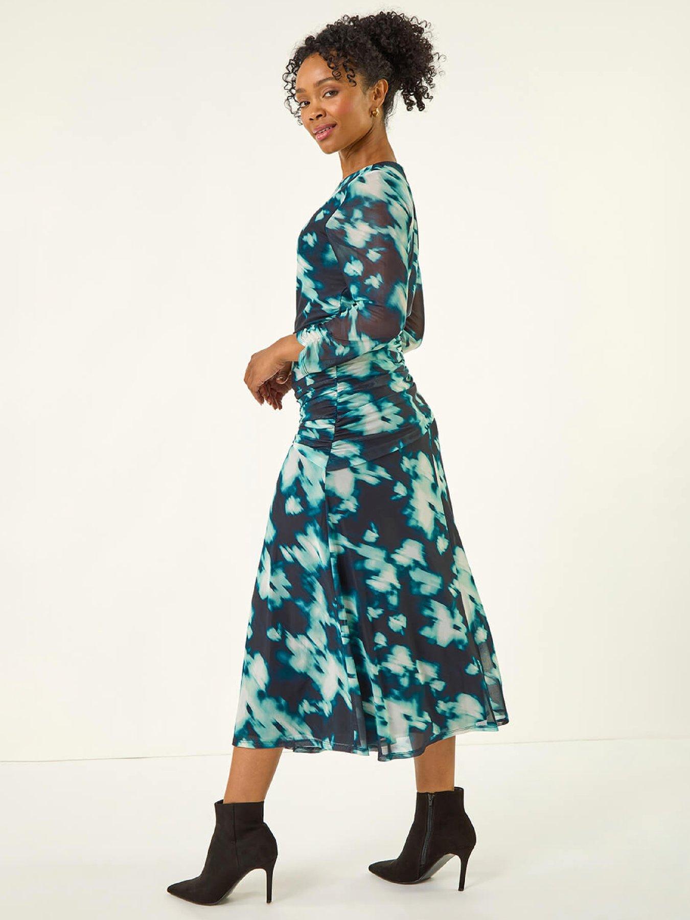 roman-petite-print-mesh-ruched-midi-dress-tealstillFront