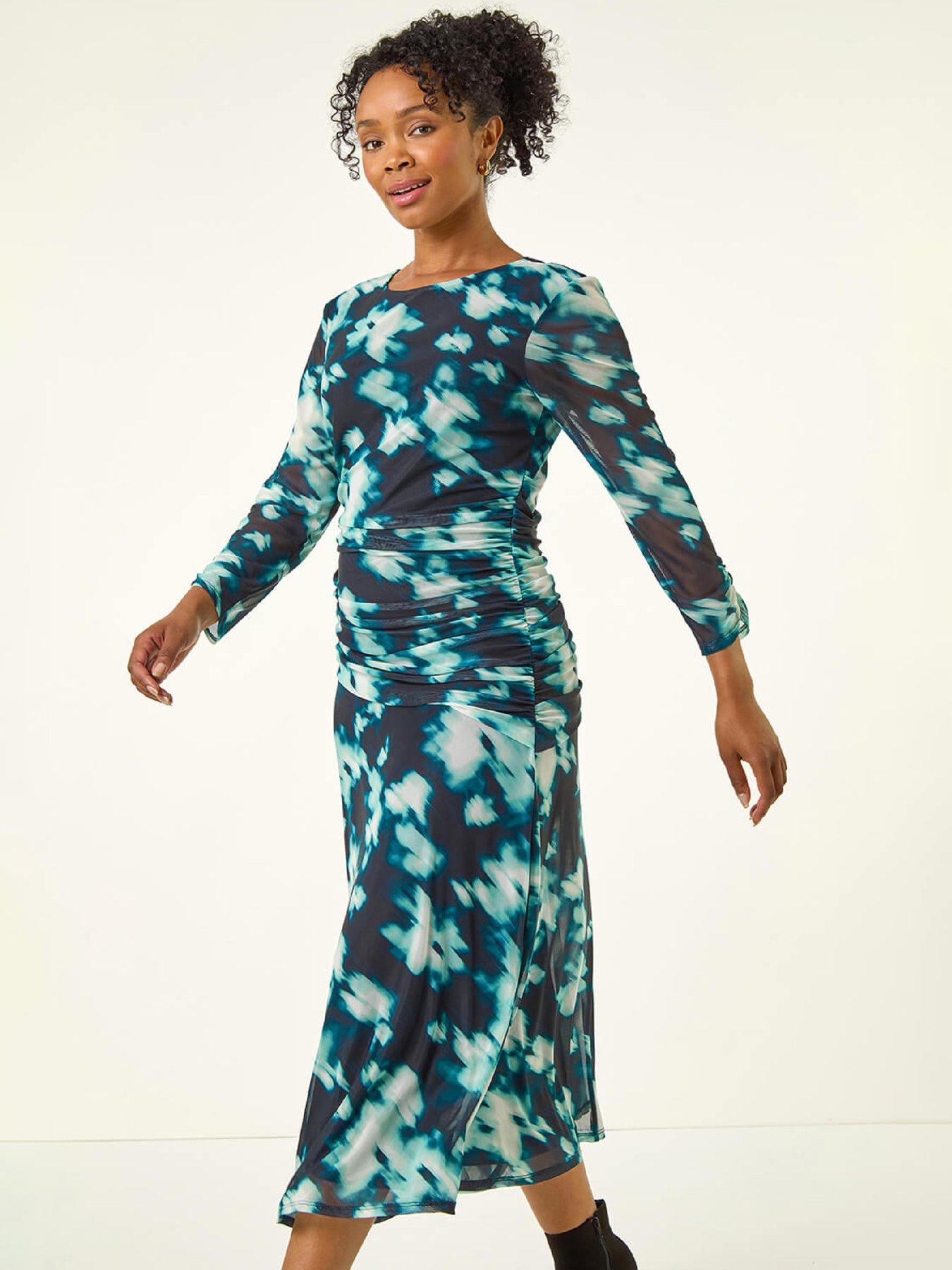 roman-petite-print-mesh-ruched-midi-dress-tealback