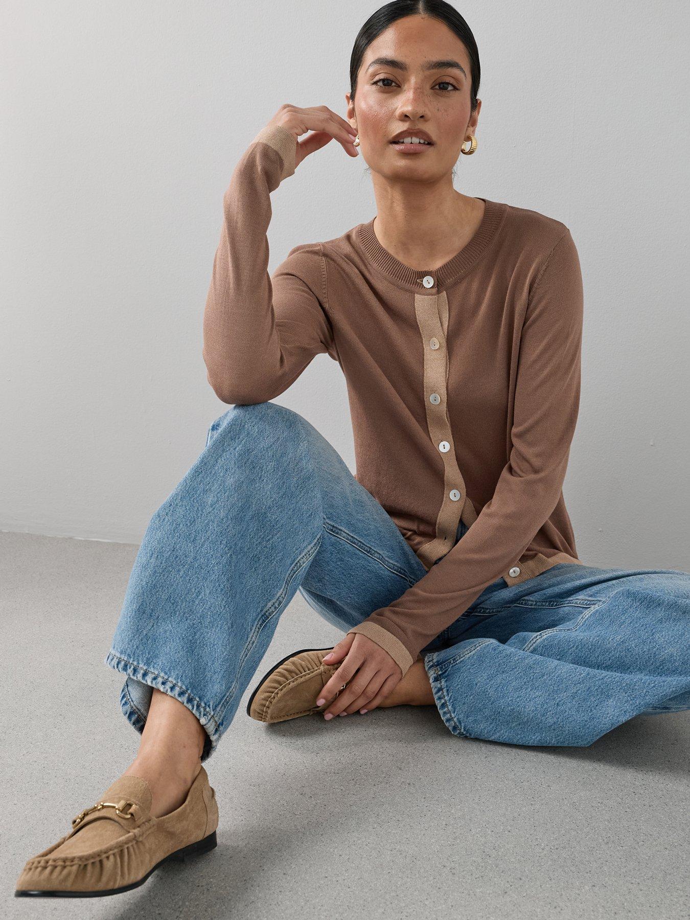 Image 1 of 7 of The Very Collection Crew Neck Contrast Edge Cardigan - Brown