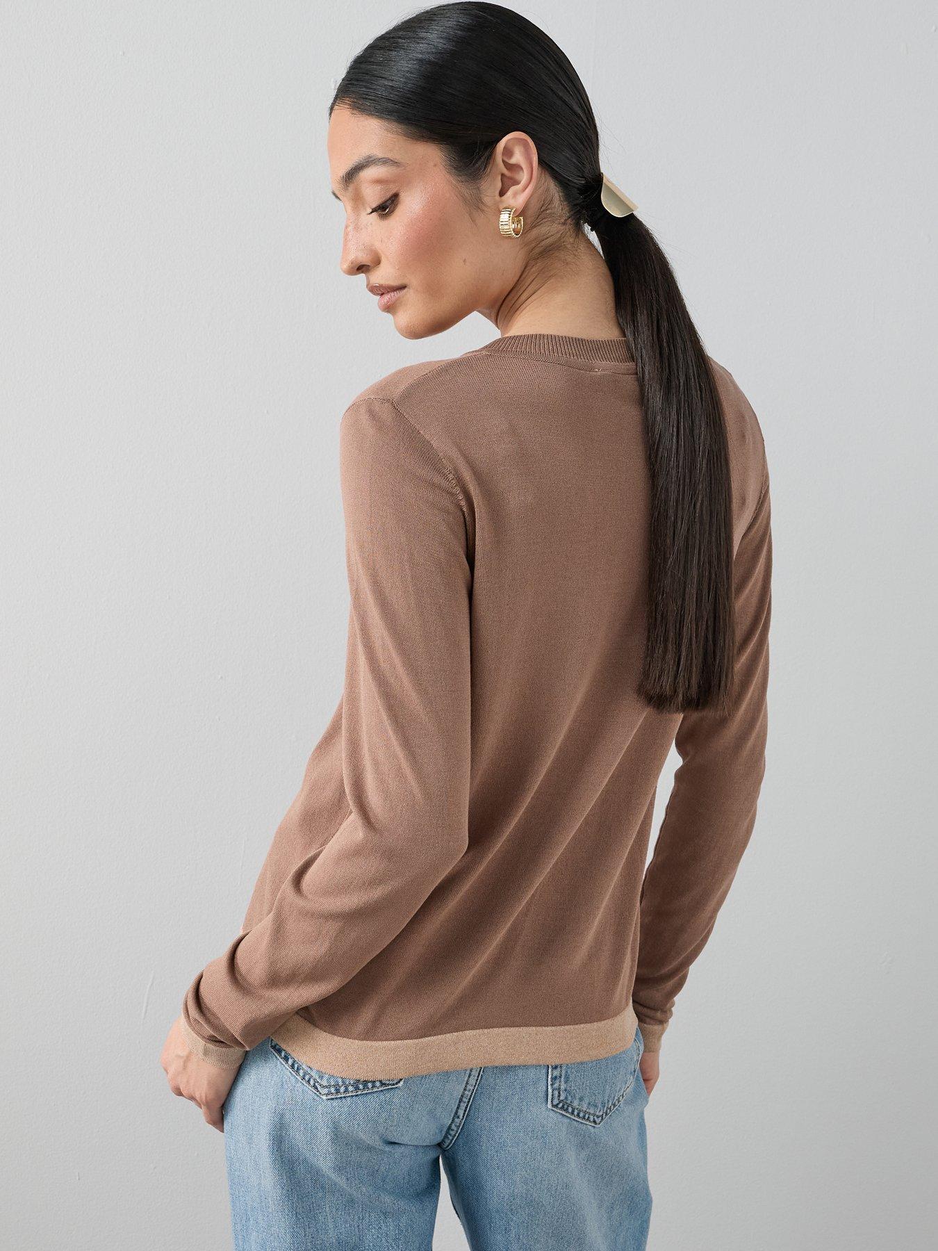 Image 2 of 7 of The Very Collection Crew Neck Contrast Edge Cardigan - Brown