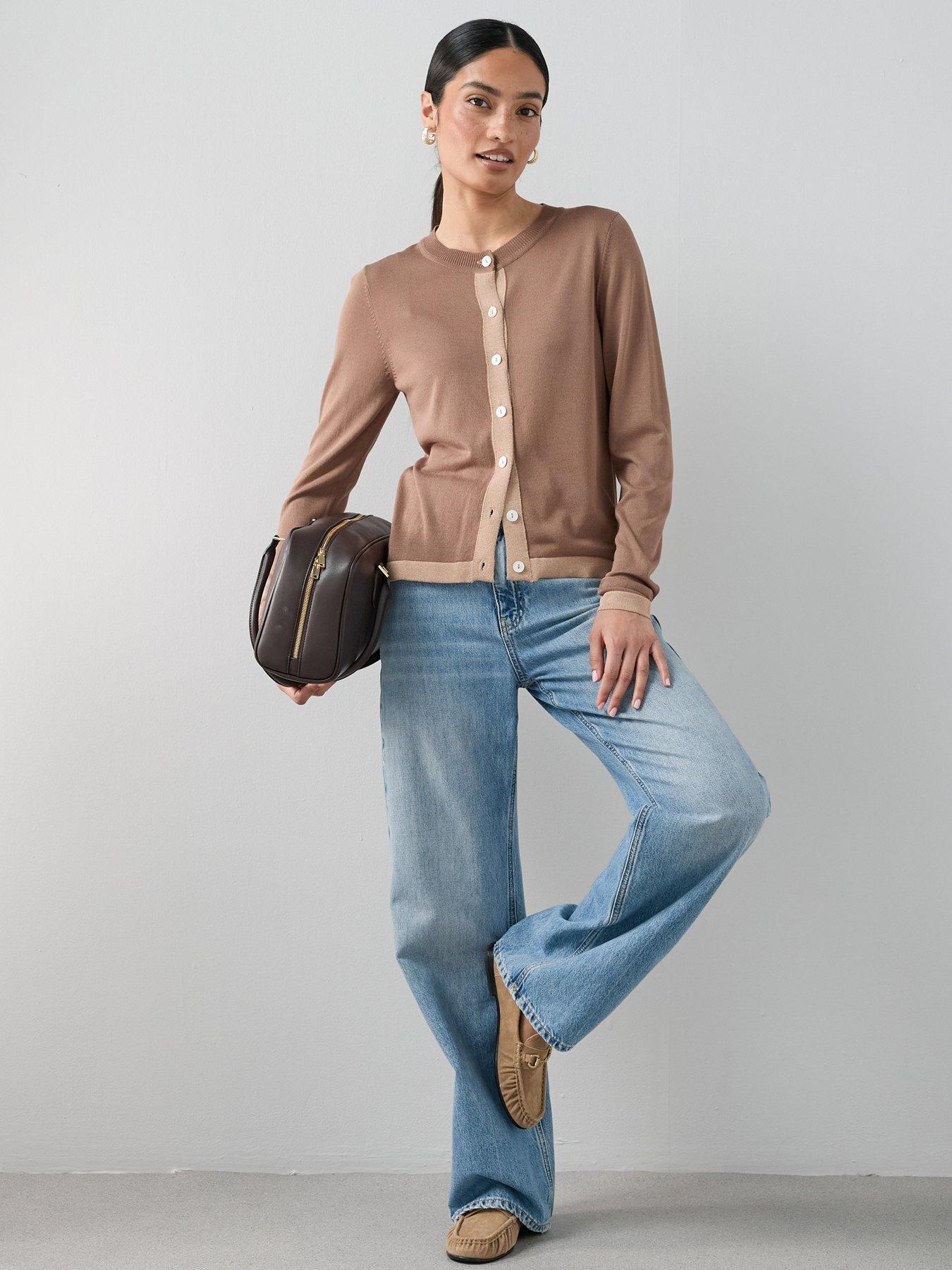 Image 3 of 7 of The Very Collection Crew Neck Contrast Edge Cardigan - Brown