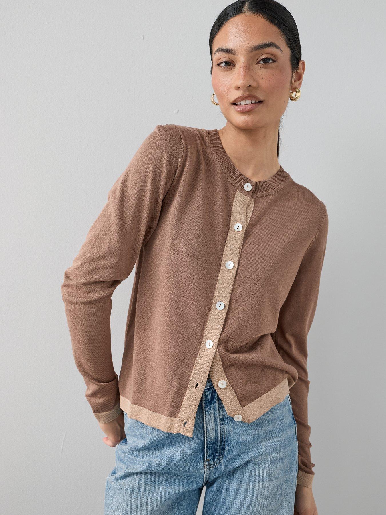Image 4 of 7 of The Very Collection Crew Neck Contrast Edge Cardigan - Brown