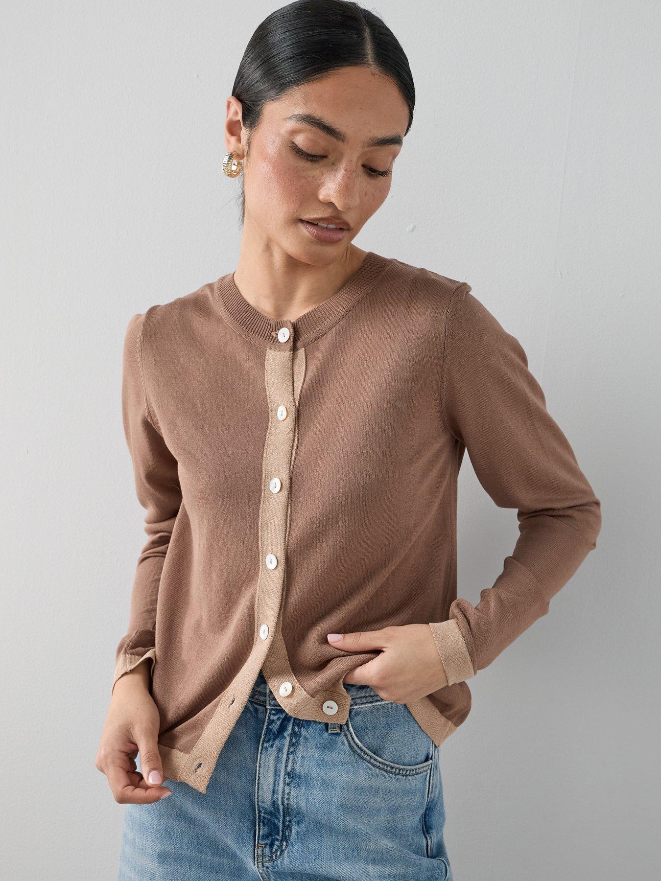 Image 5 of 7 of The Very Collection Crew Neck Contrast Edge Cardigan - Brown