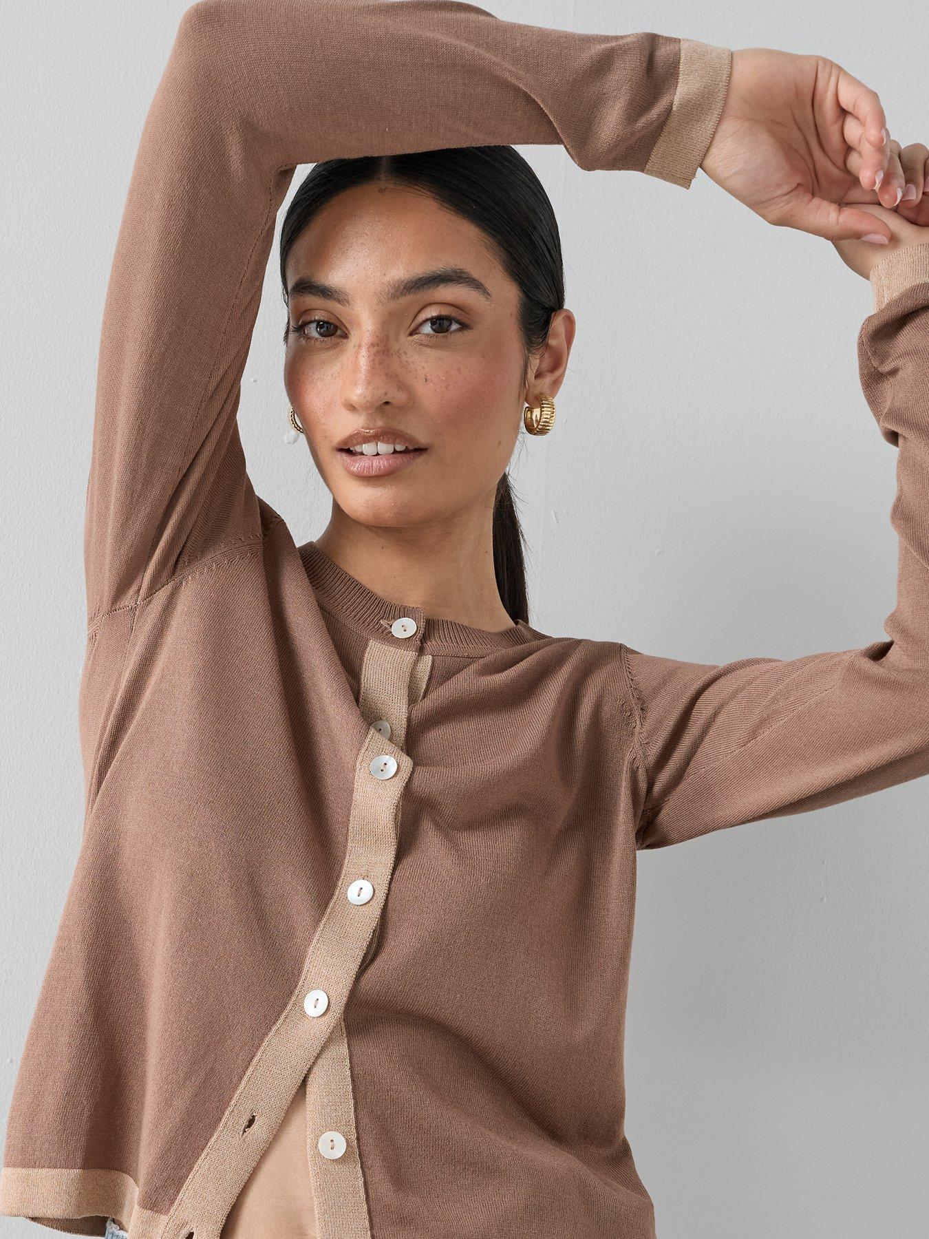 Image 6 of 7 of The Very Collection Crew Neck Contrast Edge Cardigan - Brown