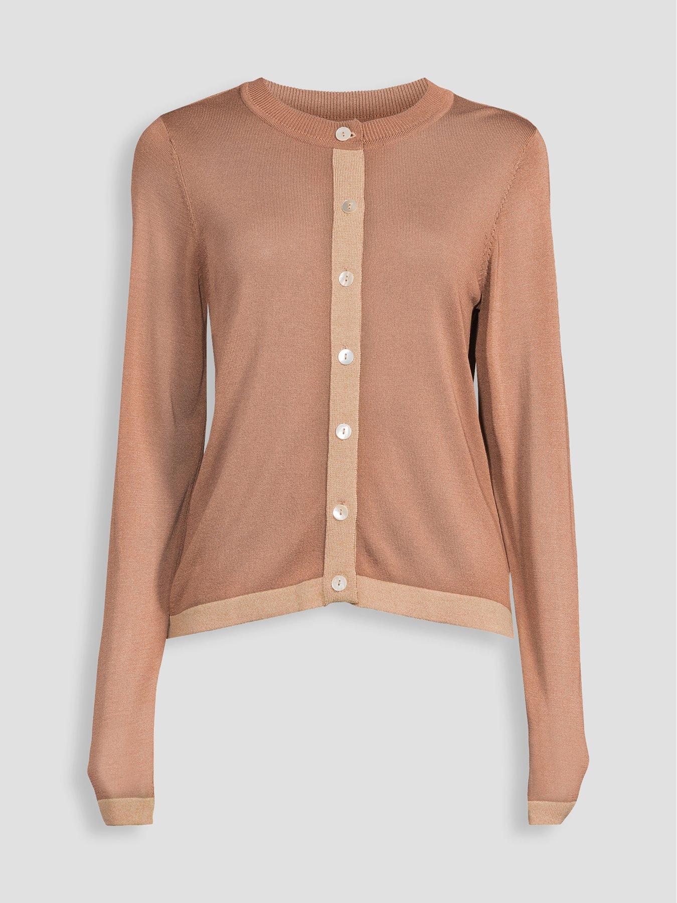 Image 7 of 7 of The Very Collection Crew Neck Contrast Edge Cardigan - Brown