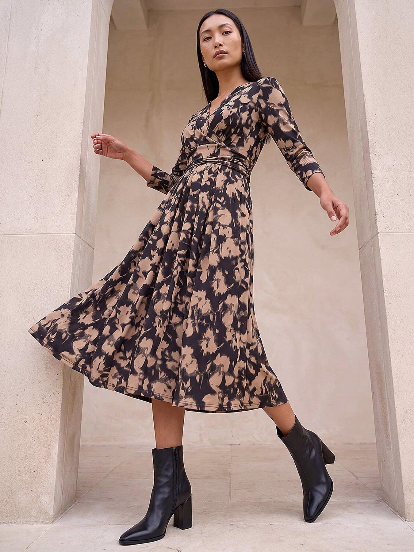 Roman Abstract Floral Print Wrap Midi Dress - Taupe