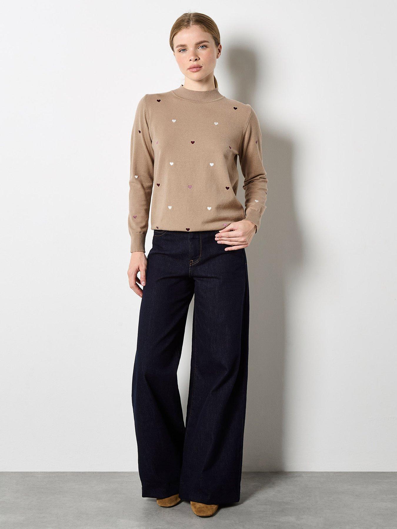 Apricot Embroidered Heart Fine Knit Mock Neck Jumper - Beige