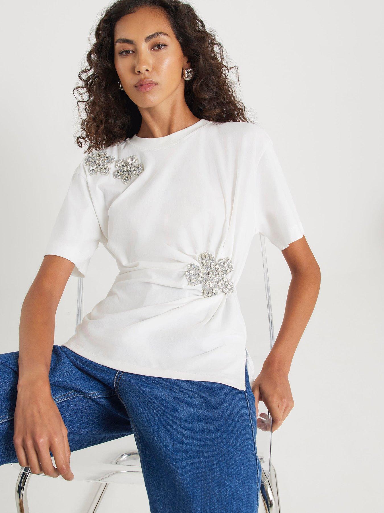 river-island-short-sleeve-diamante-floral-cinched-t-shirt-white
