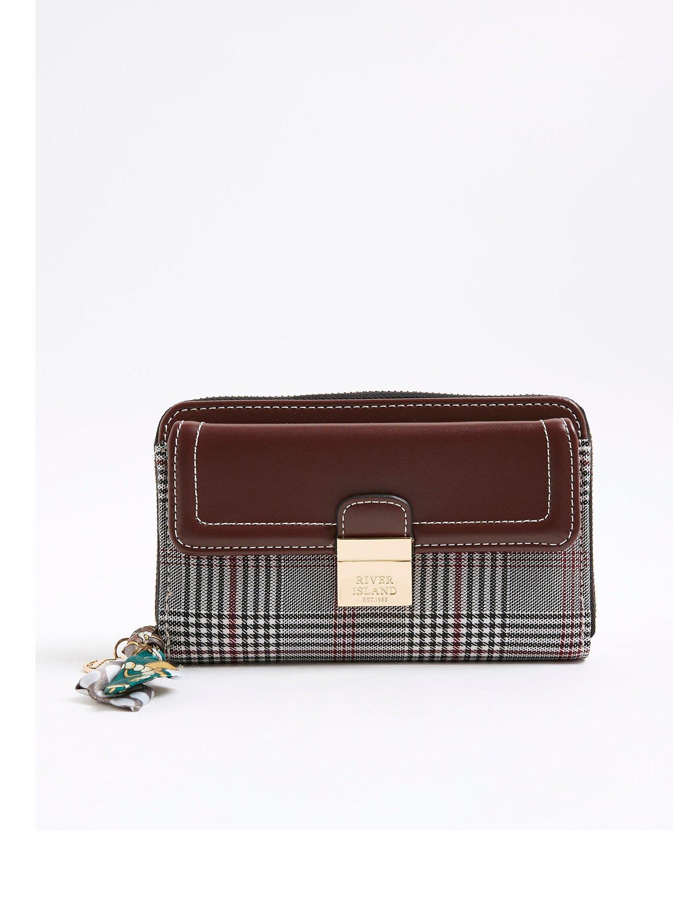 River Island Check Blocked Flap Purse- Brown