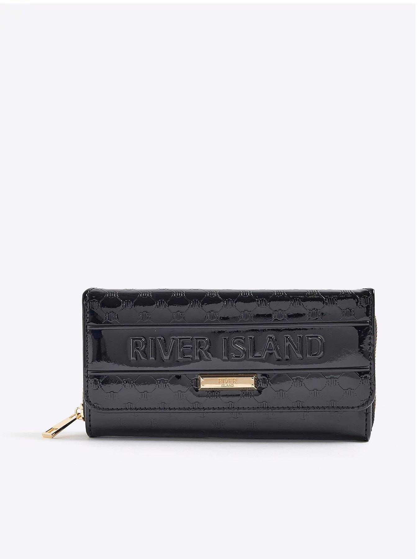 River Island Logo Monogram Patent Flap Purse- Black