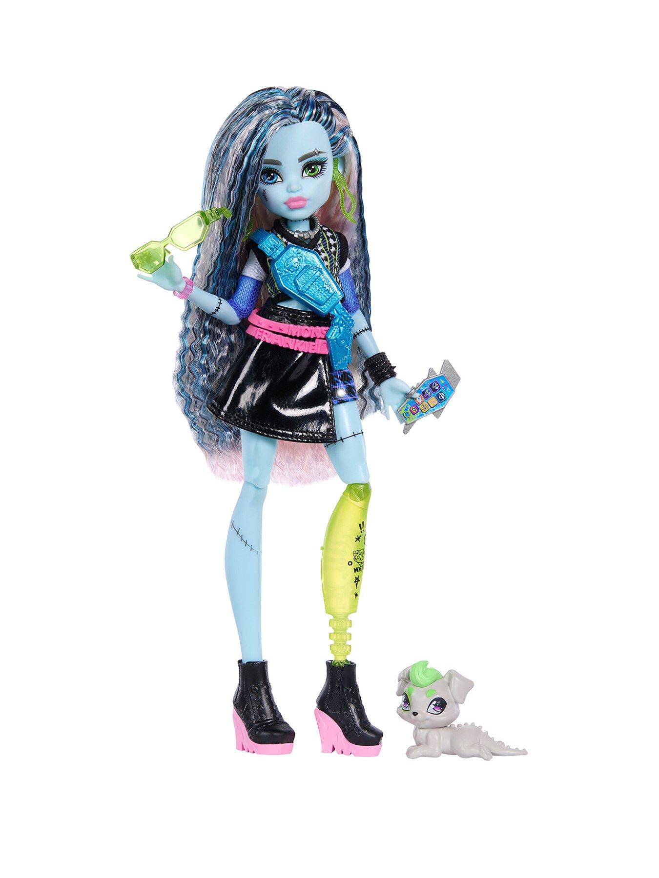 Monster High High Frankie Stein Fashion Doll in Black Pleather Skirt with Pet Watzie