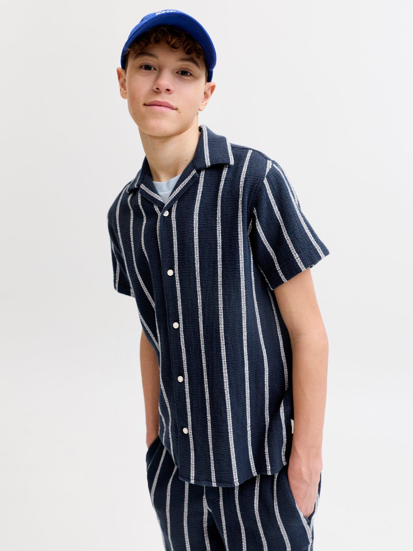 Image 1 of 6 of Jack & Jones Junior Boys Stripe Short Sleeve Co-Ord Shirt - Sky Captain