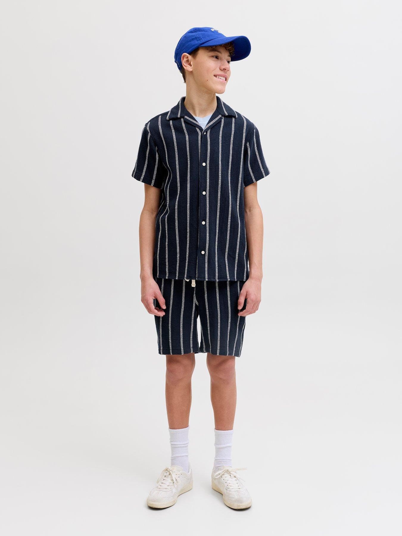Image 6 of 6 of Jack & Jones Junior Boys Stripe Short Sleeve Co-Ord Shirt - Sky Captain