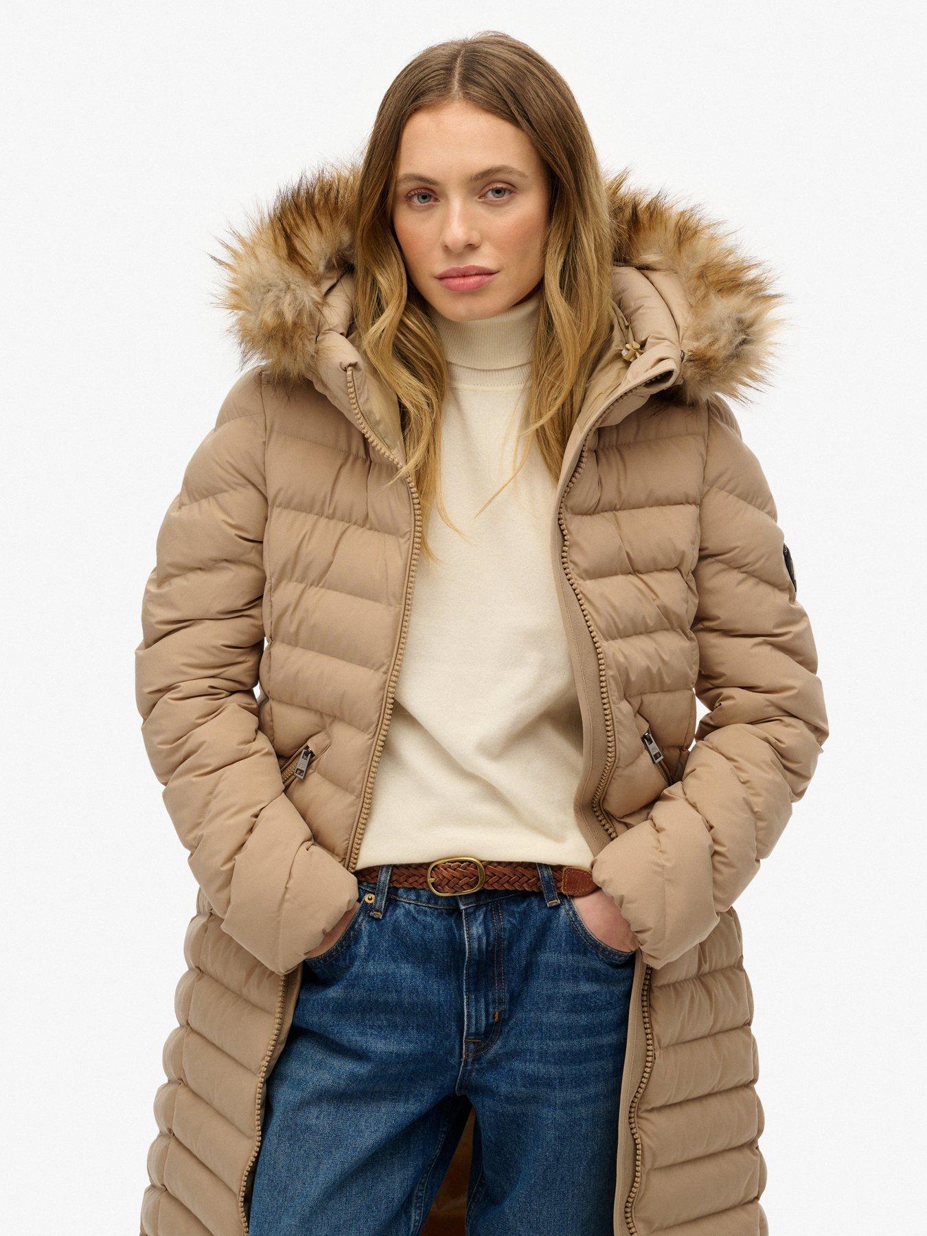 Superdry Fuji Faux Fur Hooded Longline - Shaker Beige