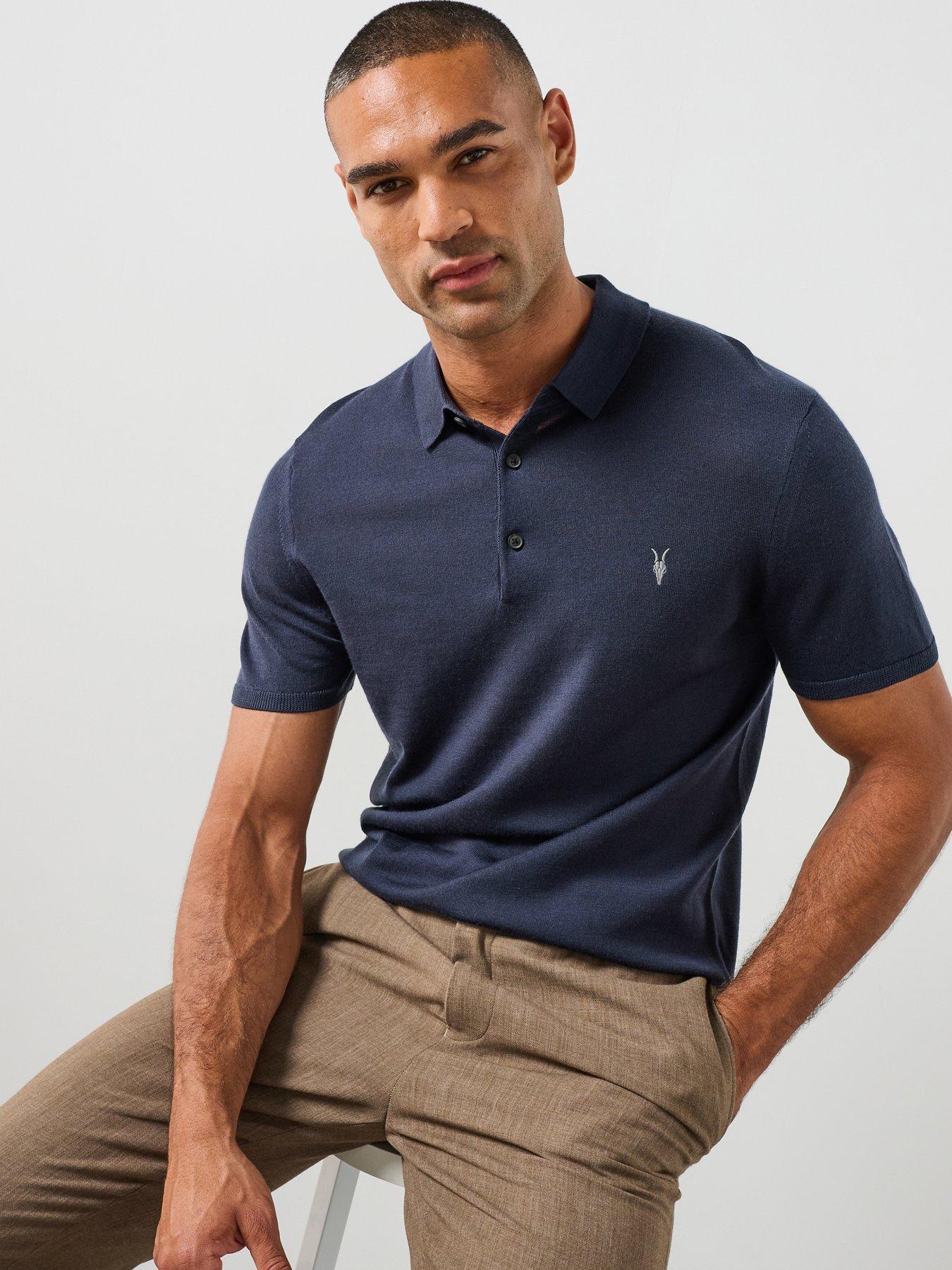 AllSaints All Saints Mode Merino Short Sleeve Polo Shirt - Navy